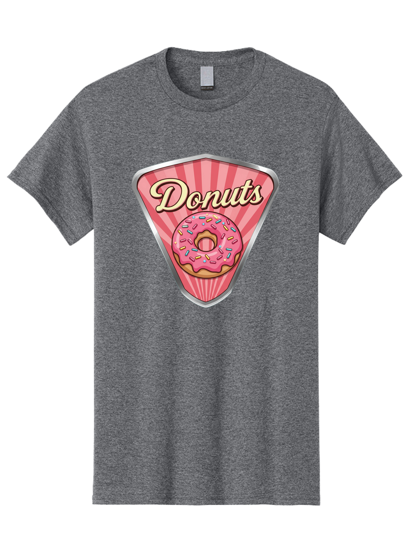 Donuts-1 Men'S Graphic Tee, 100% Cotton, Comfortable Casual Summer Wear, Machine Washable, Pink Frosted Donut, Colorful Sprinkles, Sweet Treats, Dessert Shop, Bakery Logo, Tasty Donuts, Donut Illustration, Pink Stripes, Silver Border, Baa519