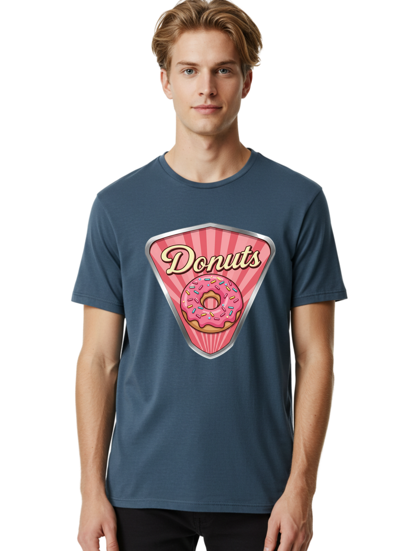 Donuts-1 Men'S Graphic Tee, 100% Cotton, Comfortable Casual Summer Wear, Machine Washable, Pink Frosted Donut, Colorful Sprinkles, Sweet Treats, Dessert Shop, Bakery Logo, Tasty Donuts, Donut Illustration, Pink Stripes, Silver Border, Baa519
