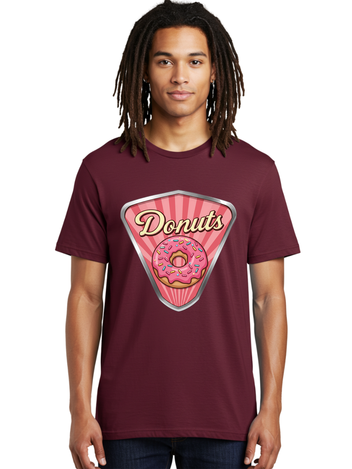Donuts-1 Men'S Graphic Tee, 100% Cotton, Comfortable Casual Summer Wear, Machine Washable, Pink Frosted Donut, Colorful Sprinkles, Sweet Treats, Dessert Shop, Bakery Logo, Tasty Donuts, Donut Illustration, Pink Stripes, Silver Border, Baa519