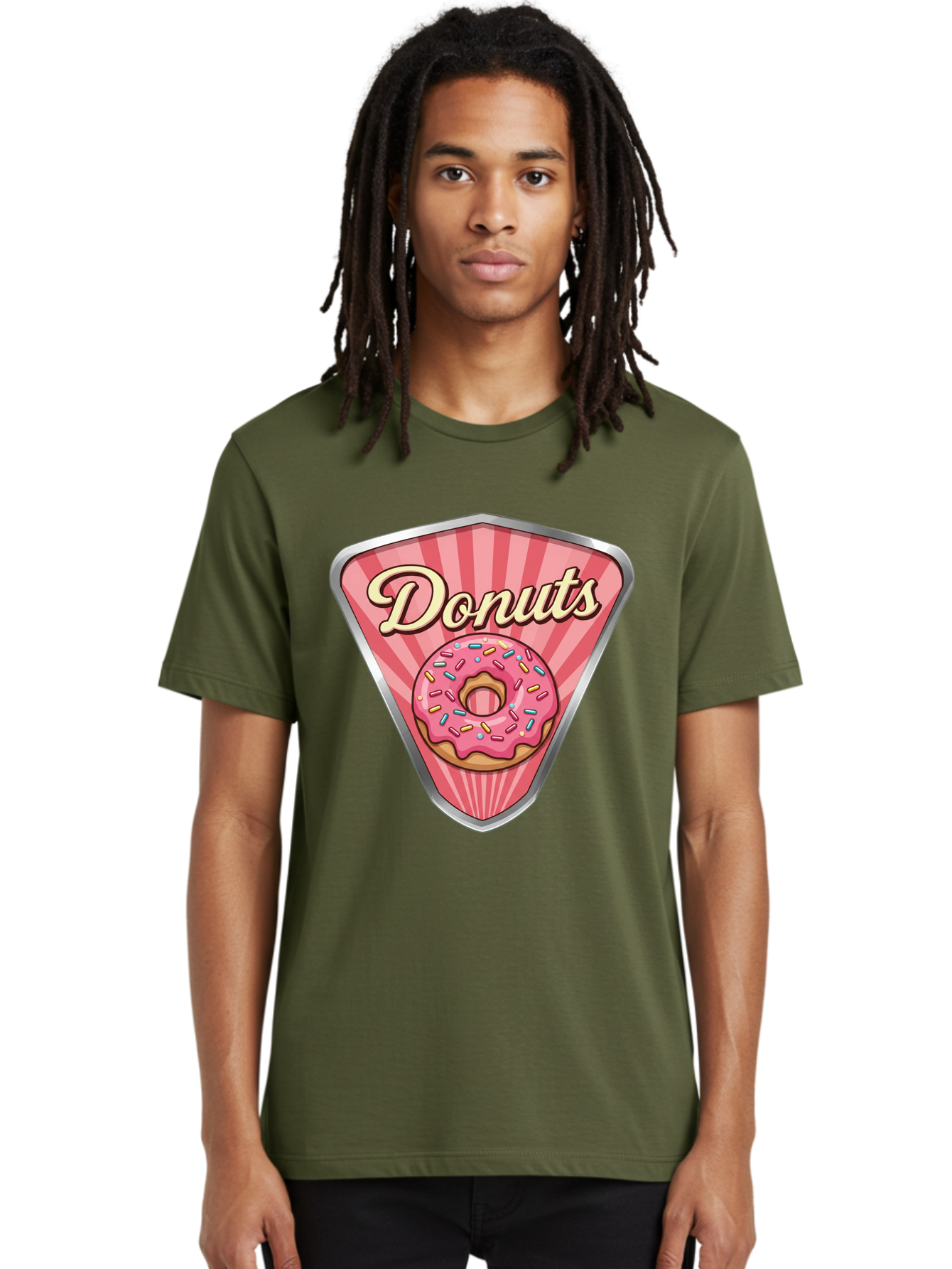 Donuts-1 Men'S Graphic Tee, 100% Cotton, Comfortable Casual Summer Wear, Machine Washable, Pink Frosted Donut, Colorful Sprinkles, Sweet Treats, Dessert Shop, Bakery Logo, Tasty Donuts, Donut Illustration, Pink Stripes, Silver Border, Baa519