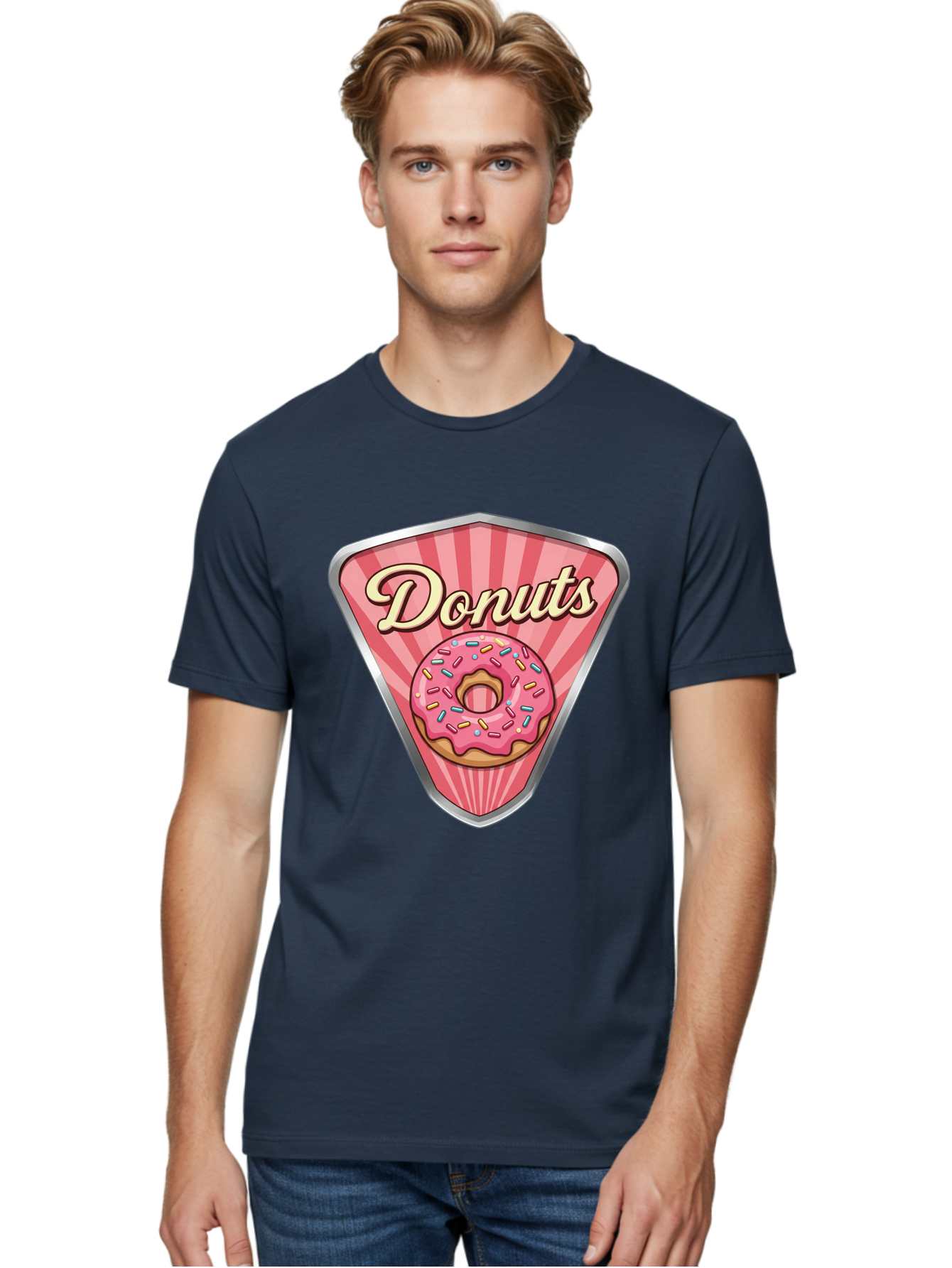 Donuts-1 Men'S Graphic Tee, 100% Cotton, Comfortable Casual Summer Wear, Machine Washable, Pink Frosted Donut, Colorful Sprinkles, Sweet Treats, Dessert Shop, Bakery Logo, Tasty Donuts, Donut Illustration, Pink Stripes, Silver Border, Baa519