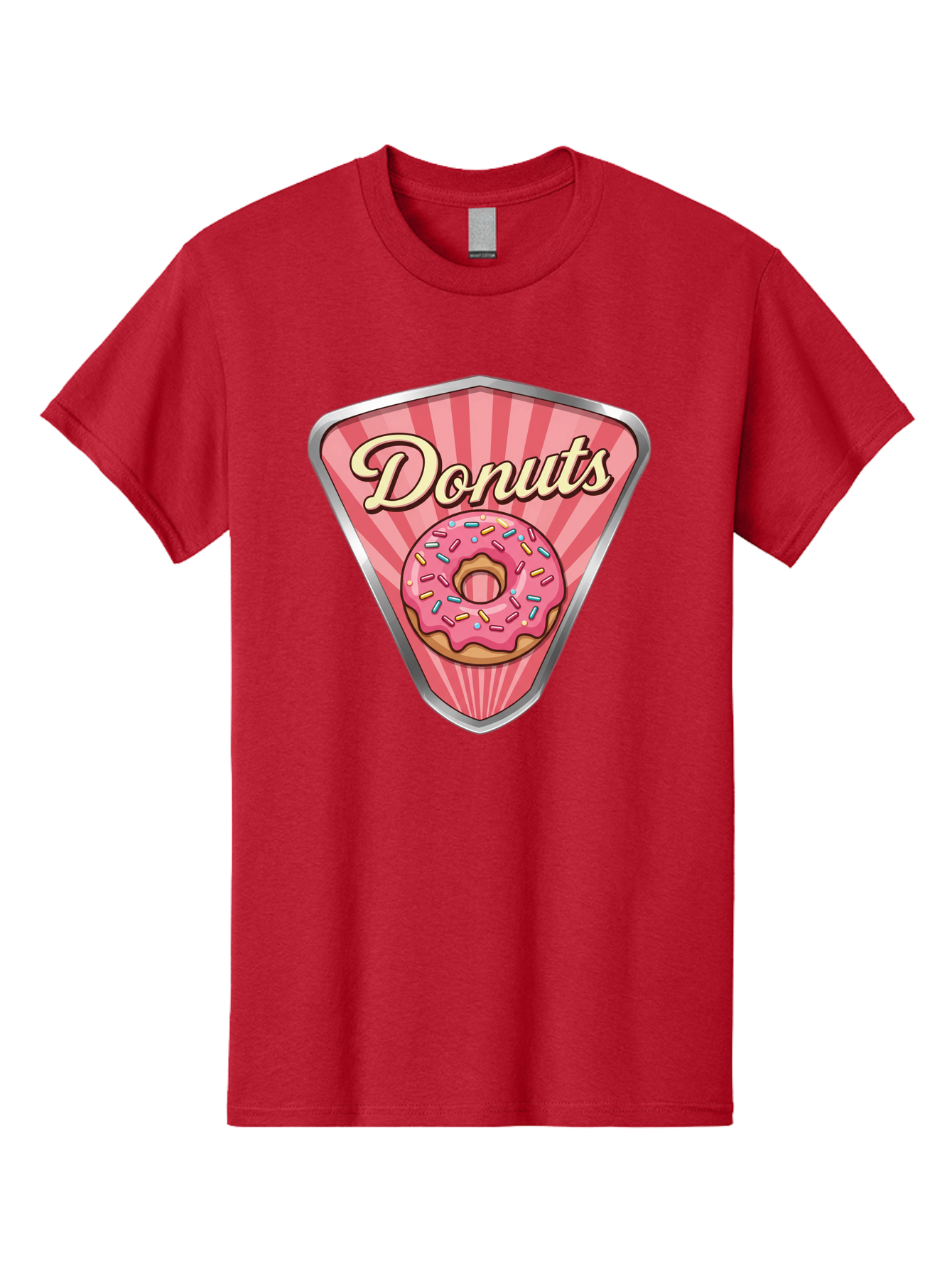 Donuts-1 Men'S Graphic Tee, 100% Cotton, Comfortable Casual Summer Wear, Machine Washable, Pink Frosted Donut, Colorful Sprinkles, Sweet Treats, Dessert Shop, Bakery Logo, Tasty Donuts, Donut Illustration, Pink Stripes, Silver Border, Baa519