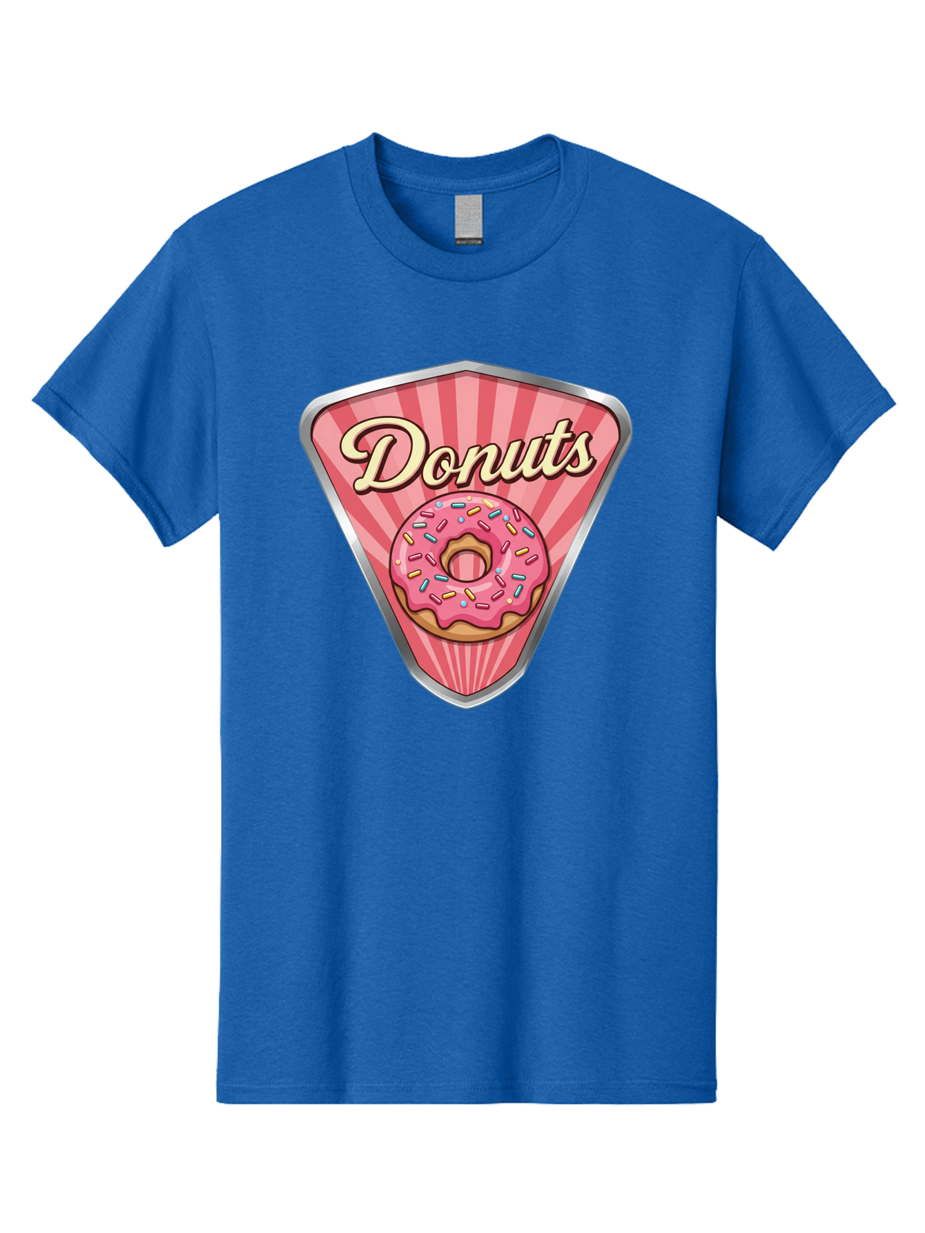 Donuts-1 Men'S Graphic Tee, 100% Cotton, Comfortable Casual Summer Wear, Machine Washable, Pink Frosted Donut, Colorful Sprinkles, Sweet Treats, Dessert Shop, Bakery Logo, Tasty Donuts, Donut Illustration, Pink Stripes, Silver Border, Baa519