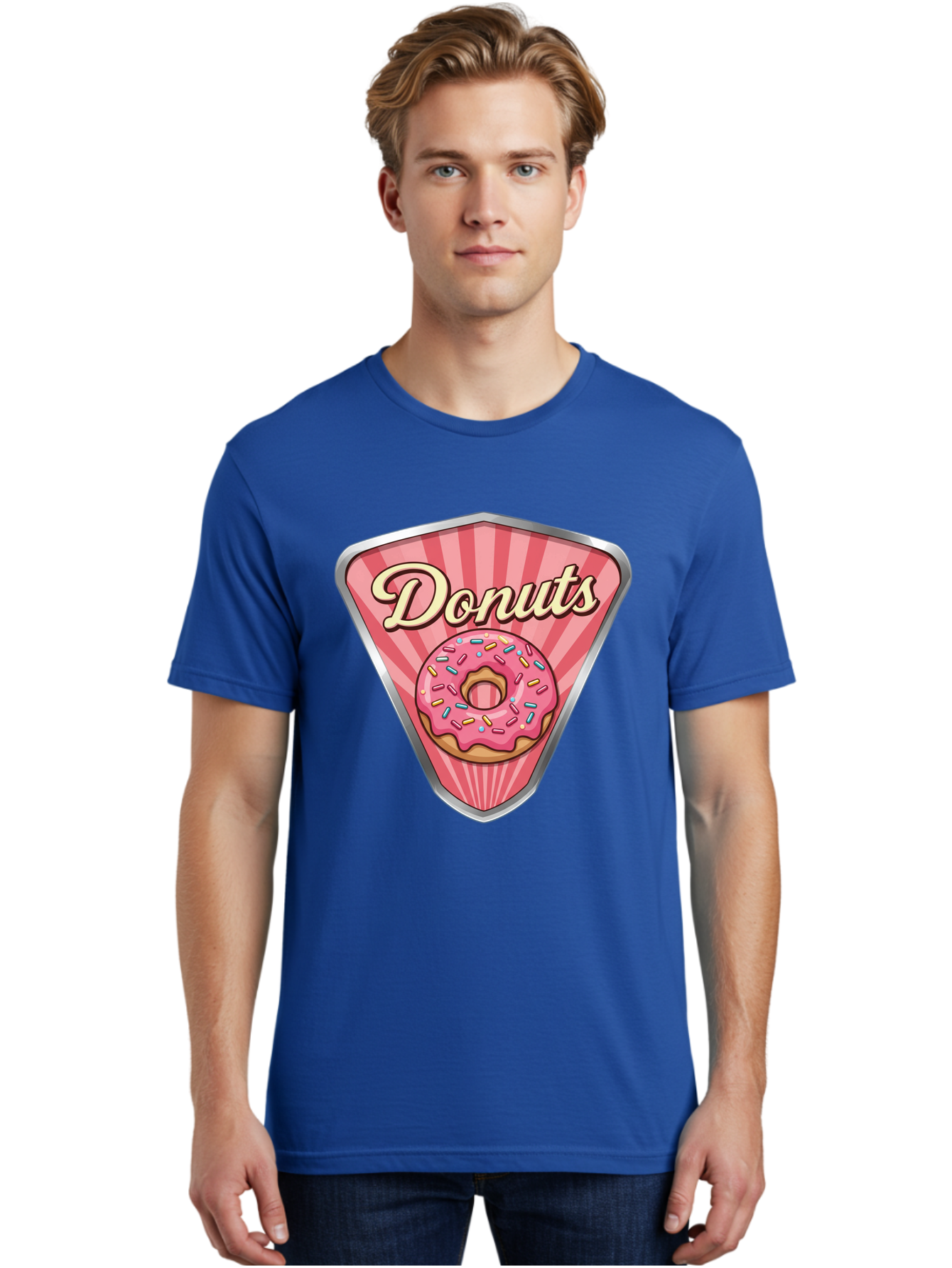 Donuts-1 Men'S Graphic Tee, 100% Cotton, Comfortable Casual Summer Wear, Machine Washable, Pink Frosted Donut, Colorful Sprinkles, Sweet Treats, Dessert Shop, Bakery Logo, Tasty Donuts, Donut Illustration, Pink Stripes, Silver Border, Baa519