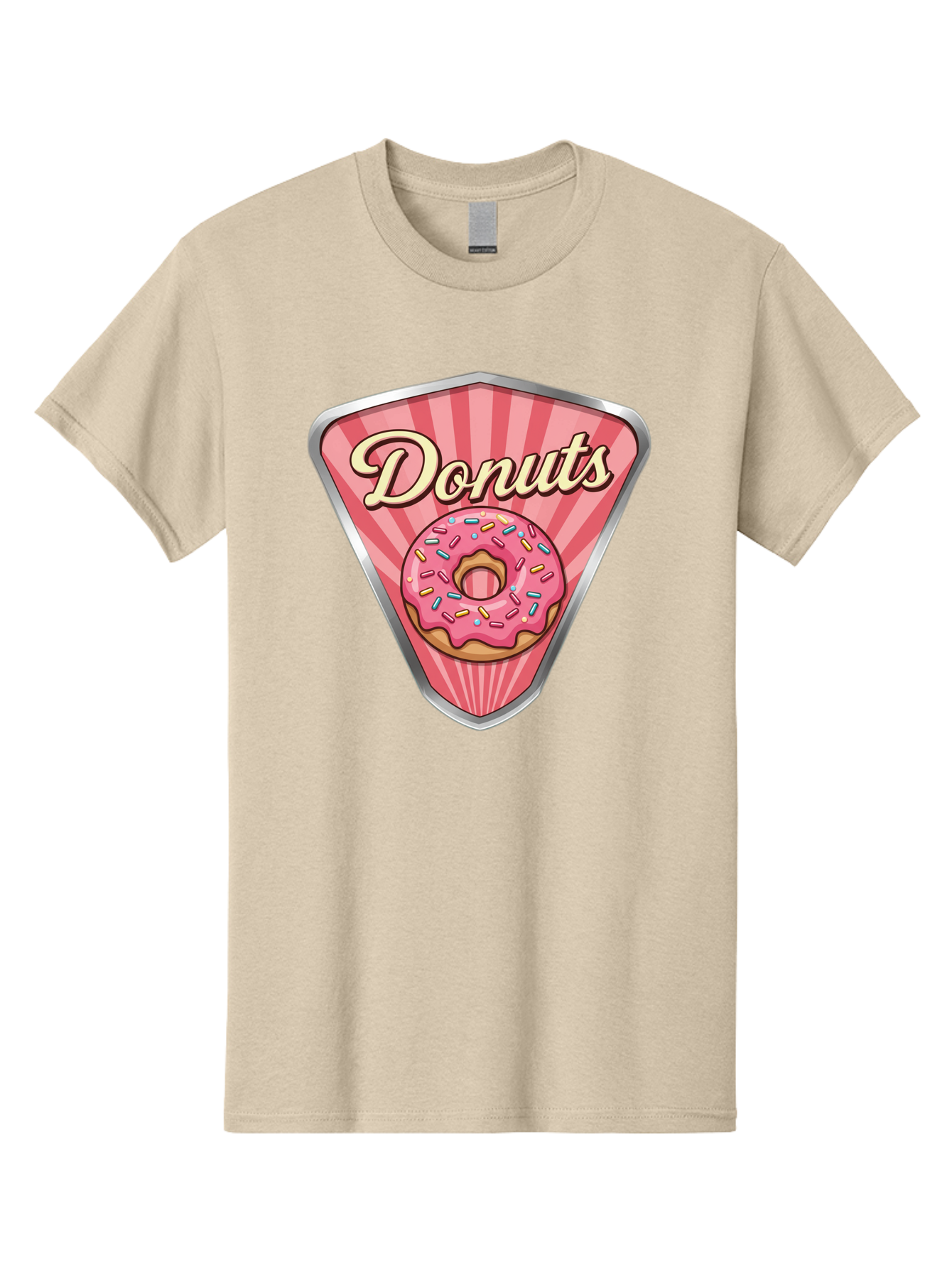 Donuts-1 Men'S Graphic Tee, 100% Cotton, Comfortable Casual Summer Wear, Machine Washable, Pink Frosted Donut, Colorful Sprinkles, Sweet Treats, Dessert Shop, Bakery Logo, Tasty Donuts, Donut Illustration, Pink Stripes, Silver Border, Baa519