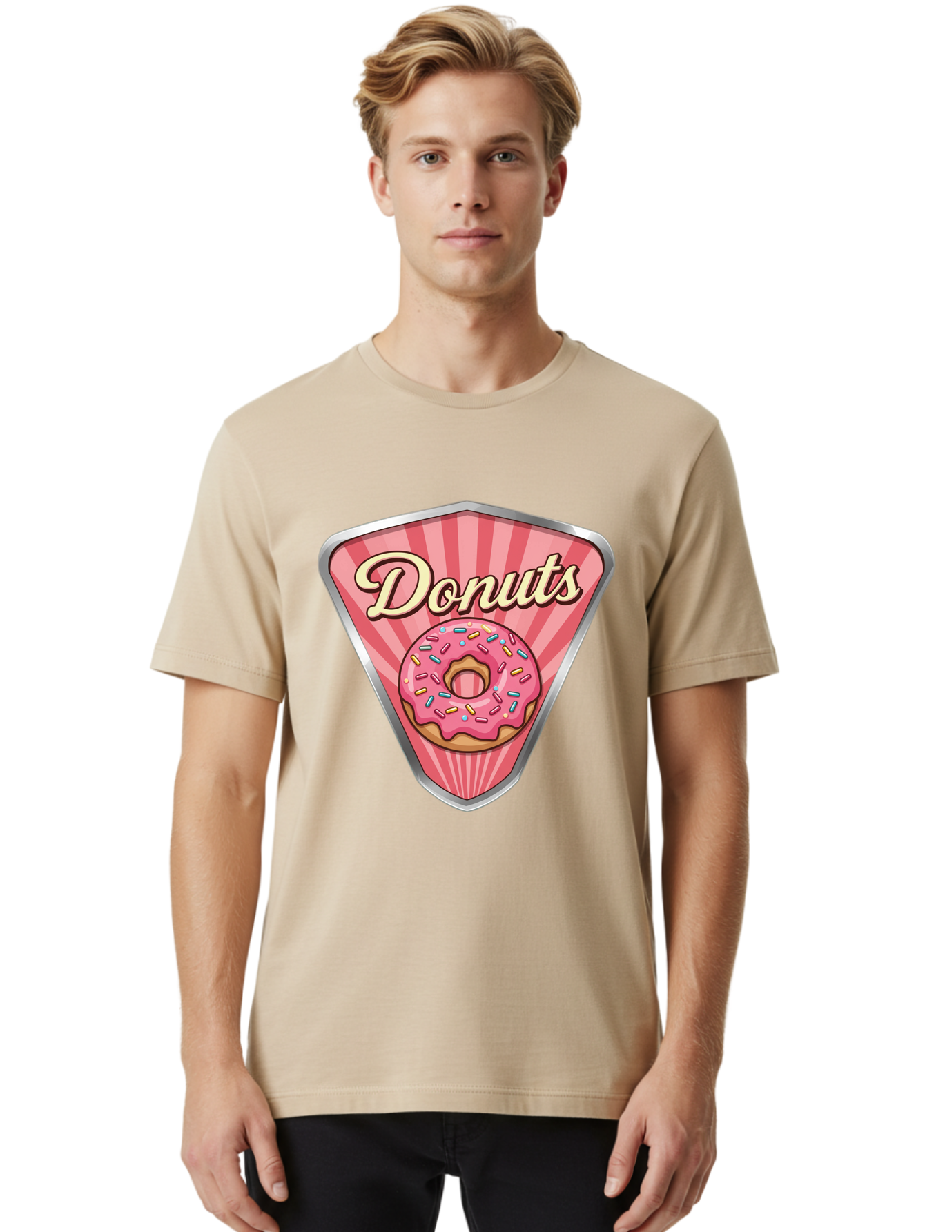 Donuts-1 Men'S Graphic Tee, 100% Cotton, Comfortable Casual Summer Wear, Machine Washable, Pink Frosted Donut, Colorful Sprinkles, Sweet Treats, Dessert Shop, Bakery Logo, Tasty Donuts, Donut Illustration, Pink Stripes, Silver Border, Baa519