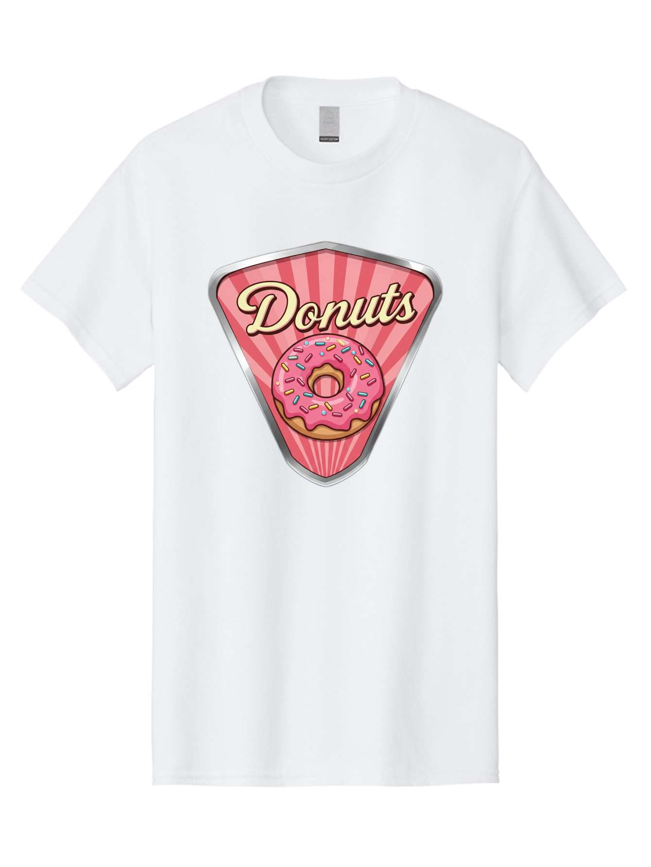 Donuts-1 Men'S Graphic Tee, 100% Cotton, Comfortable Casual Summer Wear, Machine Washable, Pink Frosted Donut, Colorful Sprinkles, Sweet Treats, Dessert Shop, Bakery Logo, Tasty Donuts, Donut Illustration, Pink Stripes, Silver Border, Baa519