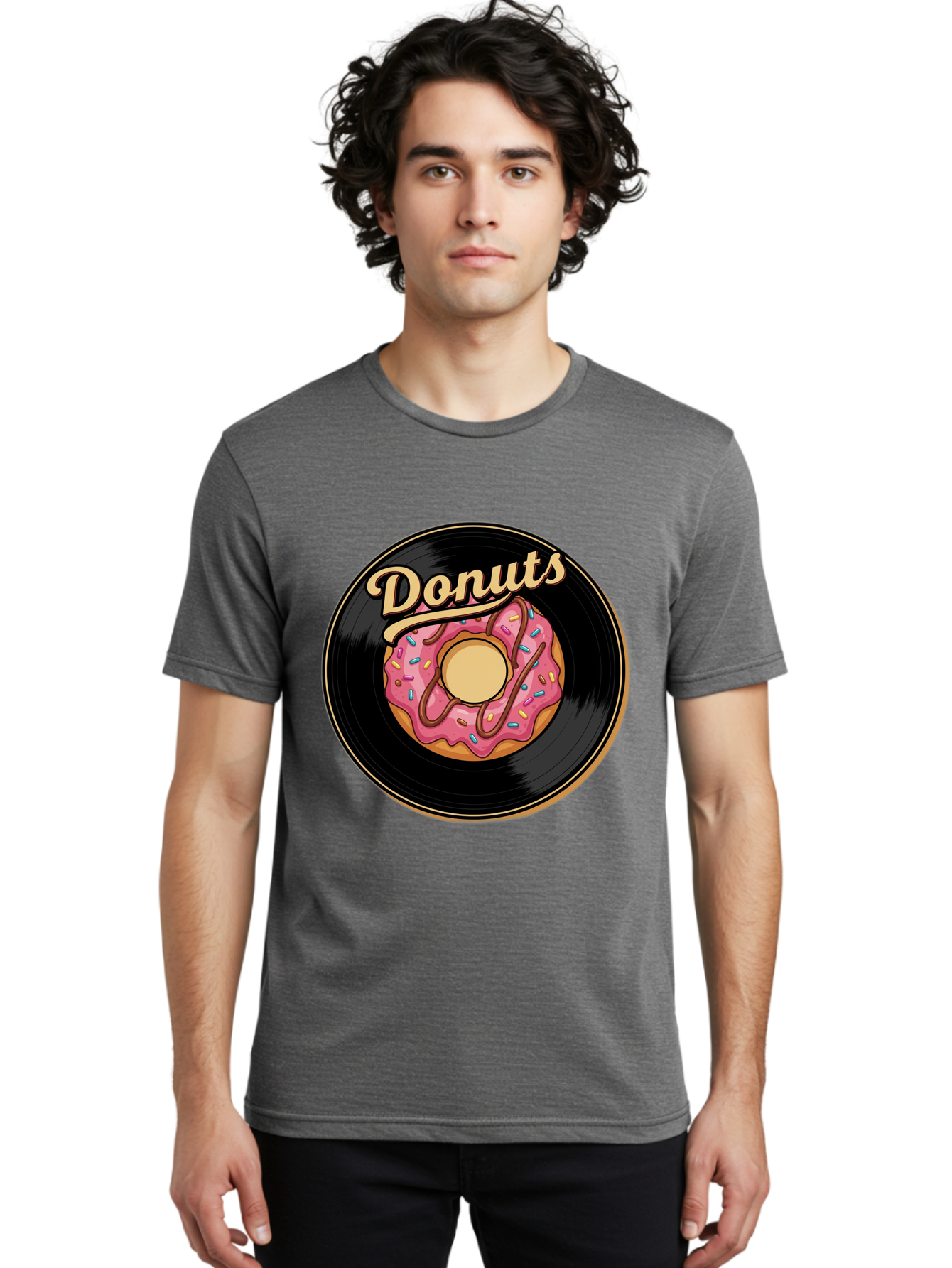 Donuts-3 Men'S Graphic Tee, 100% Cotton, Comfortable Casual Summer Wear, Machine Washable, Donut On Vinyl Record, Pink Donut With Sprinkles, Chocolate Drizzle, Sweet Treat, Retro Design, Donut Love, Vinyl Record Art, Donut Illustration Baa521