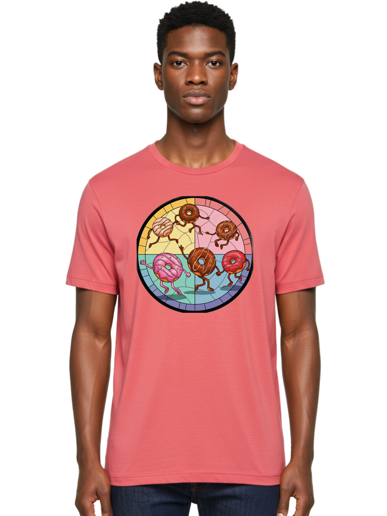 Donuts-Dancing-1 Men'S Graphic Tee, 100% Cotton, Comfortable Casual Summer Wear, Machine Washable, Donuts Dancing, Cartoon Donuts, Sweet Treats, Colorful Illustration, Playful Art, Pastry Characters, Whimsical Design, Tasty Delights, Baa522