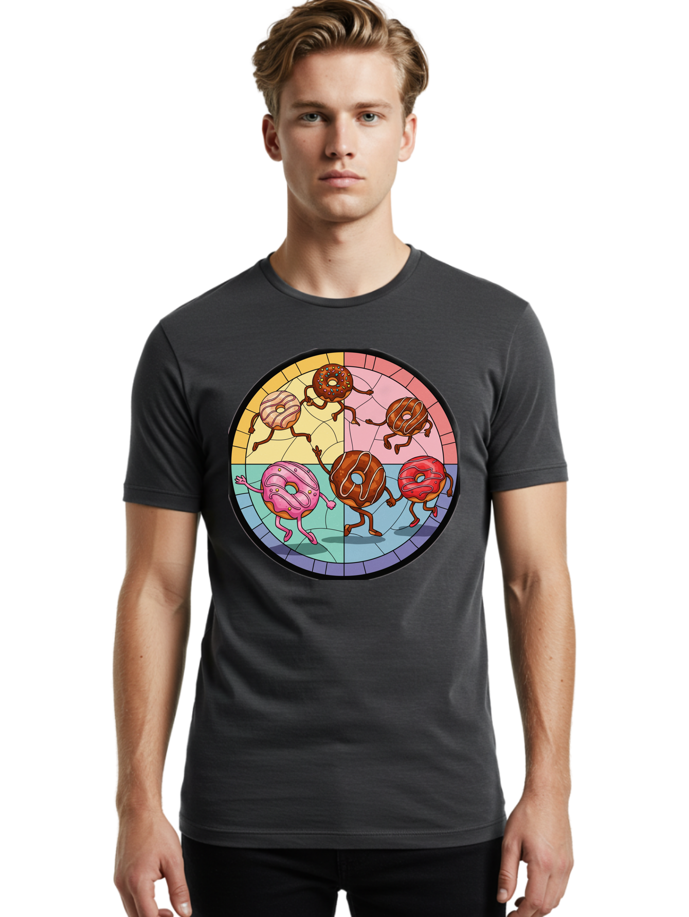 Donuts-Dancing-1 Men'S Graphic Tee, 100% Cotton, Comfortable Casual Summer Wear, Machine Washable, Donuts Dancing, Cartoon Donuts, Sweet Treats, Colorful Illustration, Playful Art, Pastry Characters, Whimsical Design, Tasty Delights, Baa522