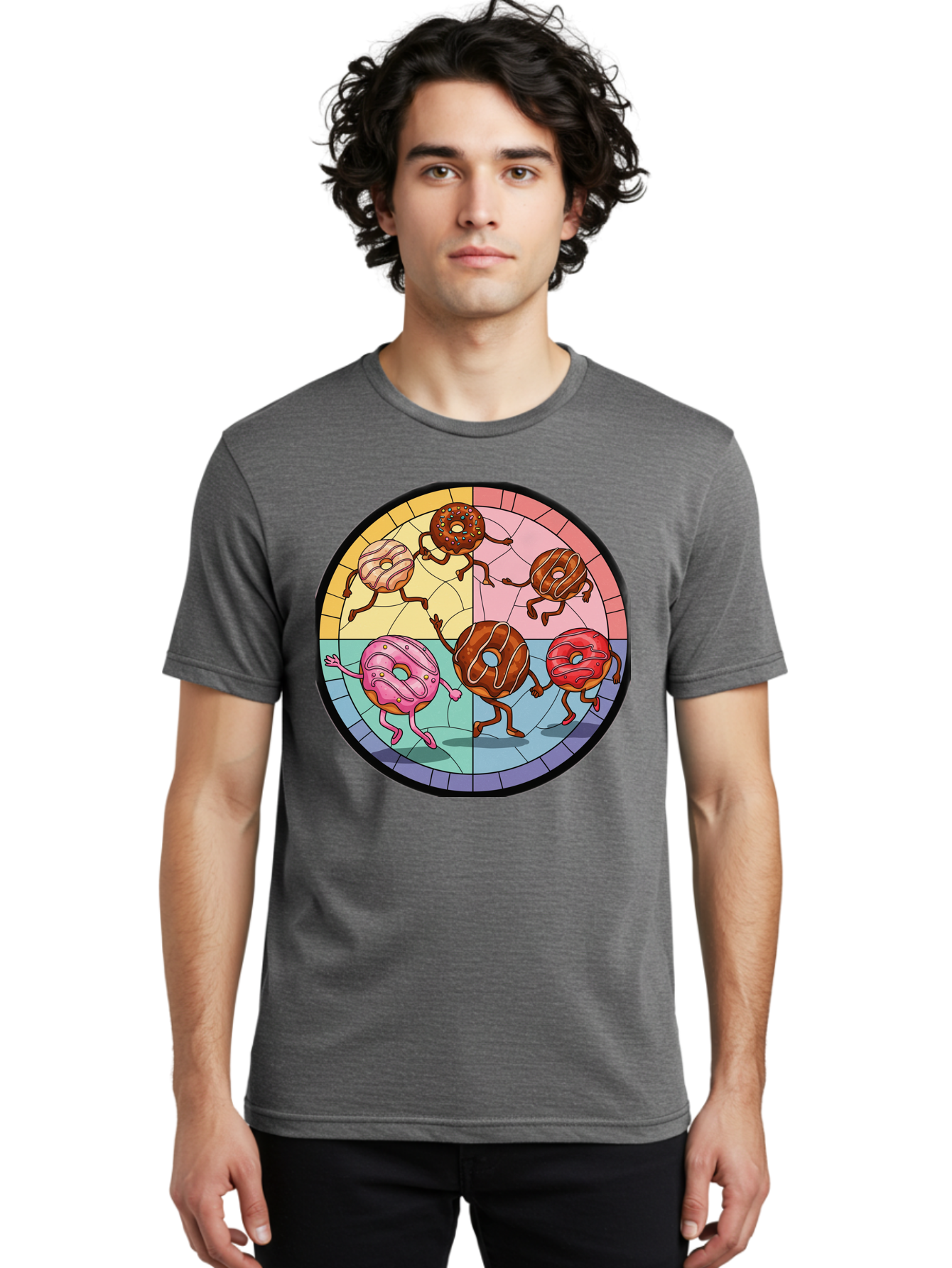 Donuts-Dancing-1 Men'S Graphic Tee, 100% Cotton, Comfortable Casual Summer Wear, Machine Washable, Donuts Dancing, Cartoon Donuts, Sweet Treats, Colorful Illustration, Playful Art, Pastry Characters, Whimsical Design, Tasty Delights, Baa522