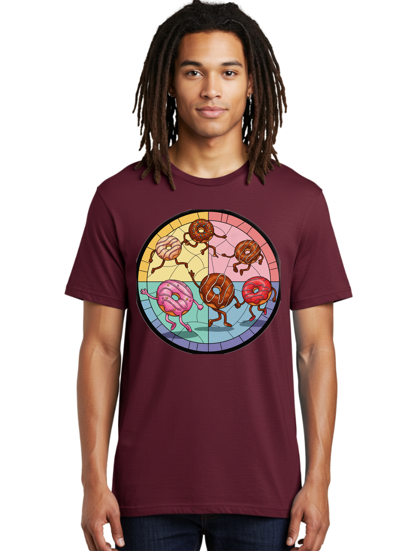 Donuts-Dancing-1 Men'S Graphic Tee, 100% Cotton, Comfortable Casual Summer Wear, Machine Washable, Donuts Dancing, Cartoon Donuts, Sweet Treats, Colorful Illustration, Playful Art, Pastry Characters, Whimsical Design, Tasty Delights, Baa522