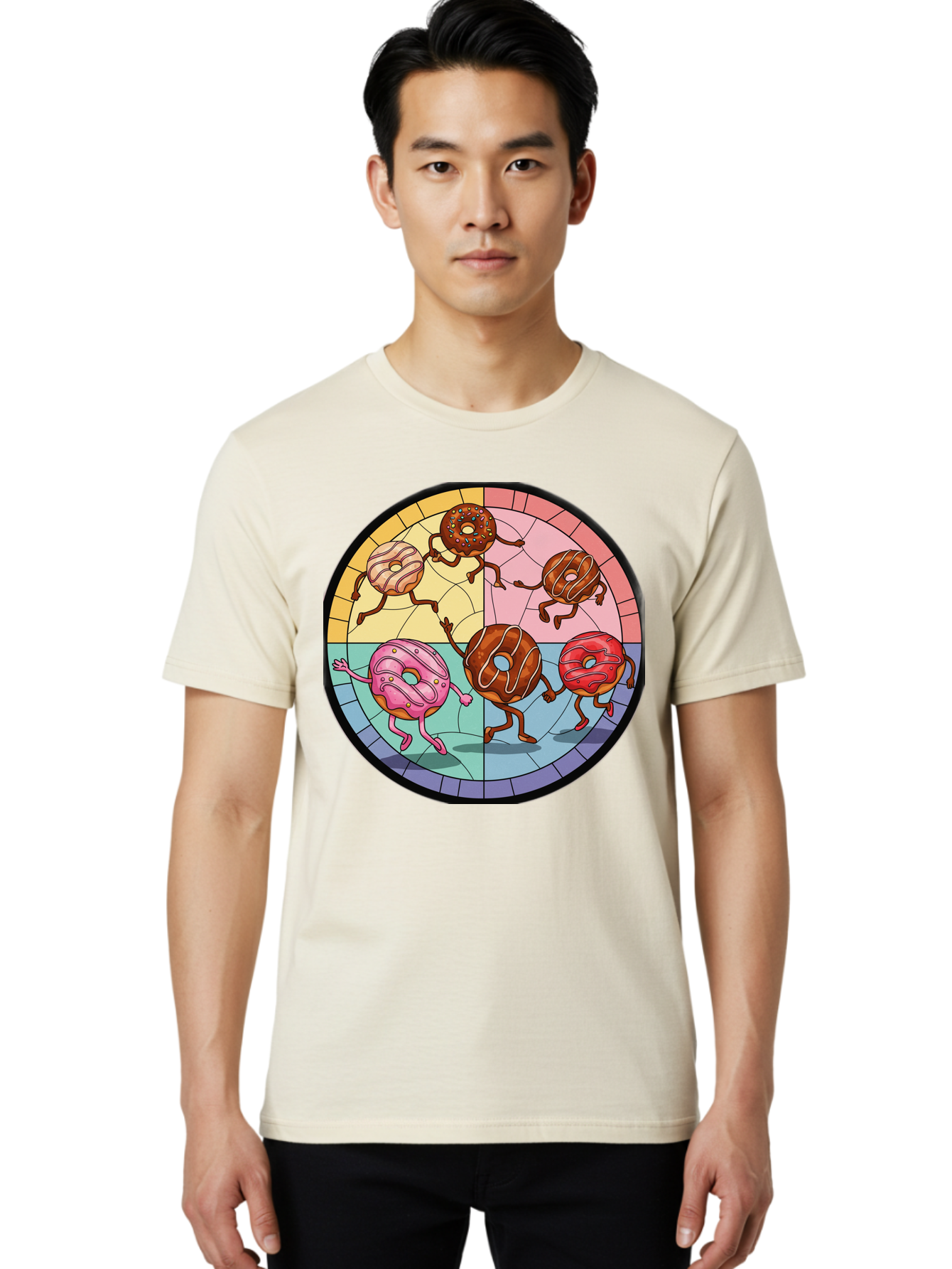 Donuts-Dancing-1 Men'S Graphic Tee, 100% Cotton, Comfortable Casual Summer Wear, Machine Washable, Donuts Dancing, Cartoon Donuts, Sweet Treats, Colorful Illustration, Playful Art, Pastry Characters, Whimsical Design, Tasty Delights, Baa522