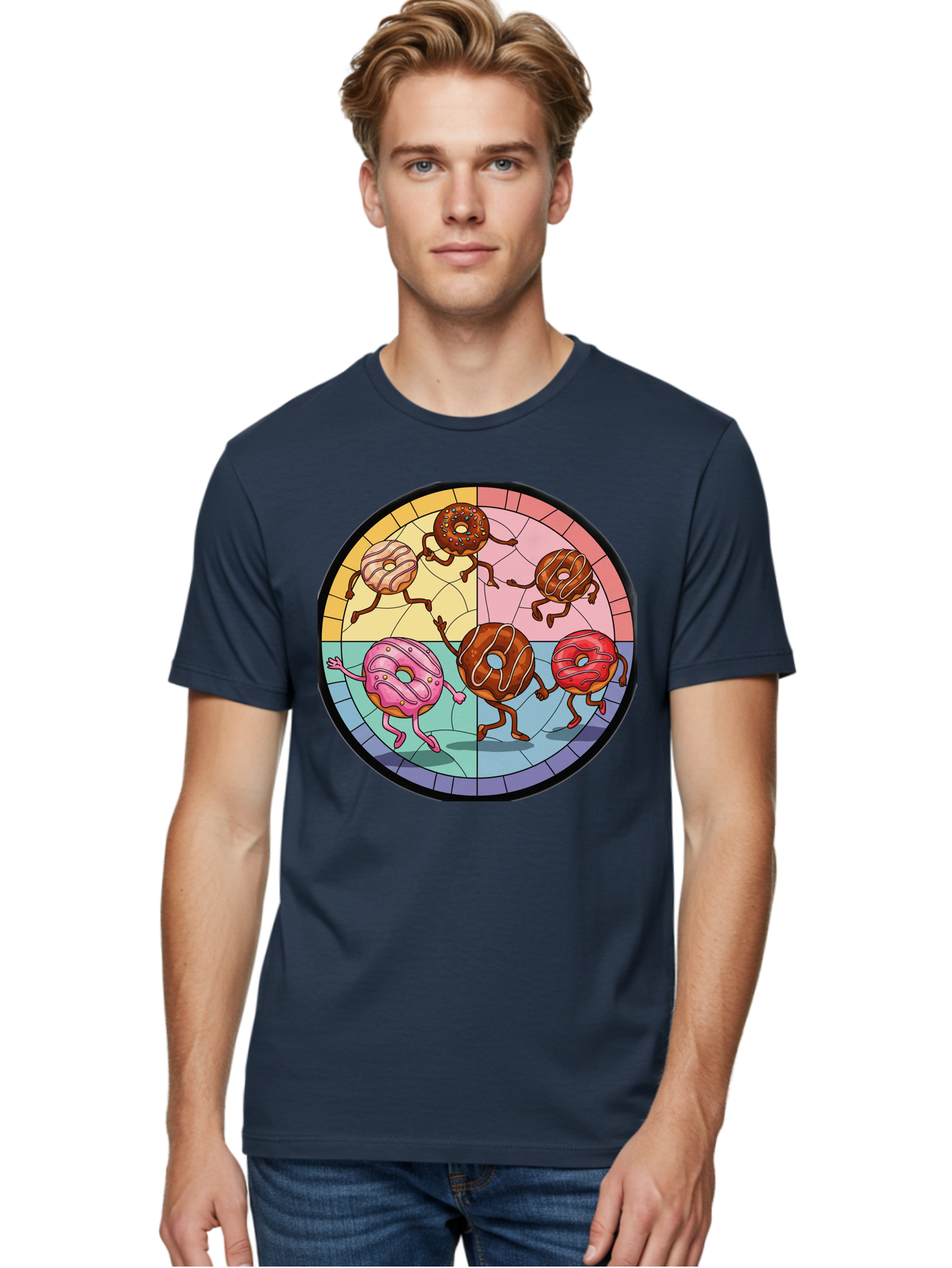 Donuts-Dancing-1 Men'S Graphic Tee, 100% Cotton, Comfortable Casual Summer Wear, Machine Washable, Donuts Dancing, Cartoon Donuts, Sweet Treats, Colorful Illustration, Playful Art, Pastry Characters, Whimsical Design, Tasty Delights, Baa522