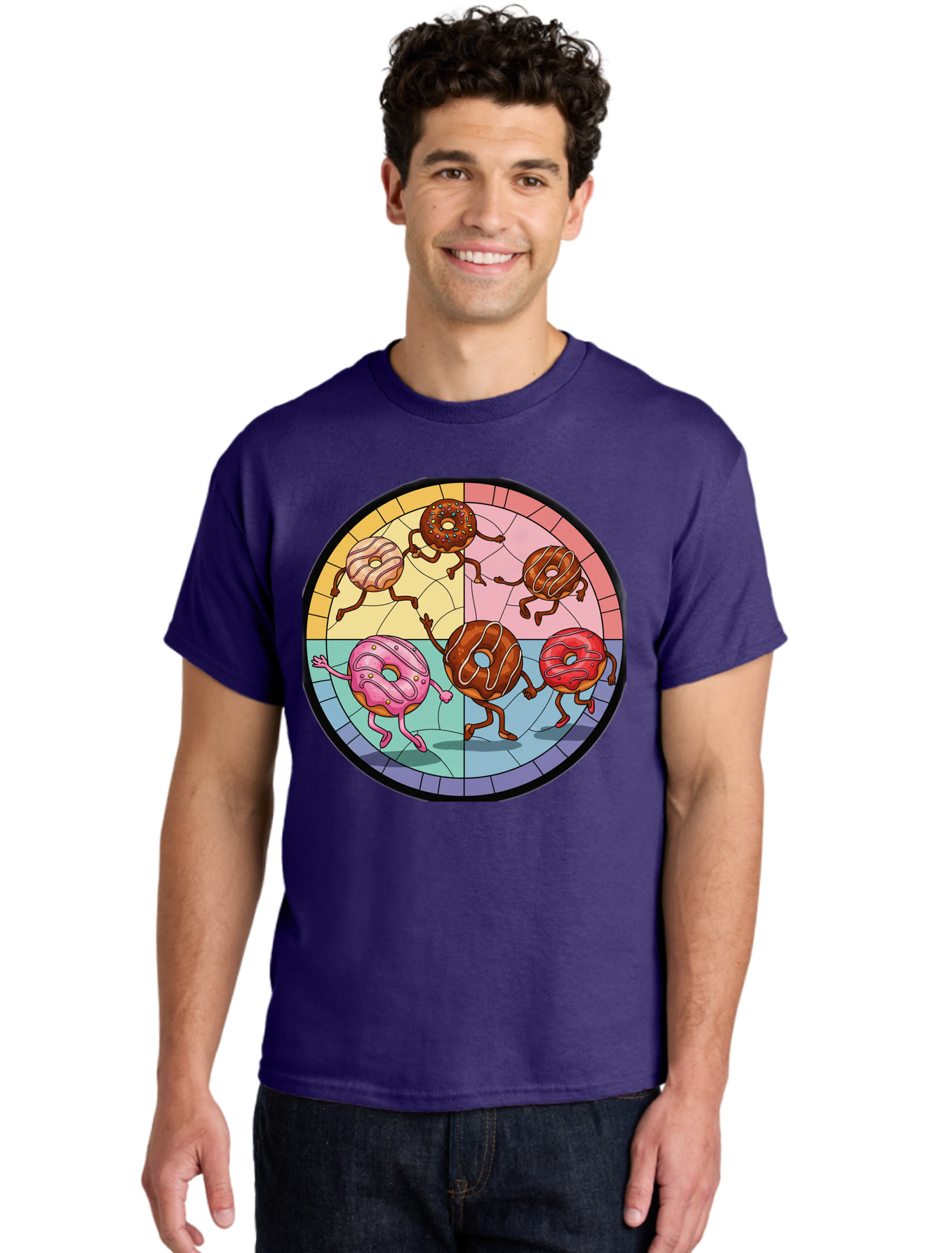 Donuts-Dancing-1 Men'S Graphic Tee, 100% Cotton, Comfortable Casual Summer Wear, Machine Washable, Donuts Dancing, Cartoon Donuts, Sweet Treats, Colorful Illustration, Playful Art, Pastry Characters, Whimsical Design, Tasty Delights, Baa522