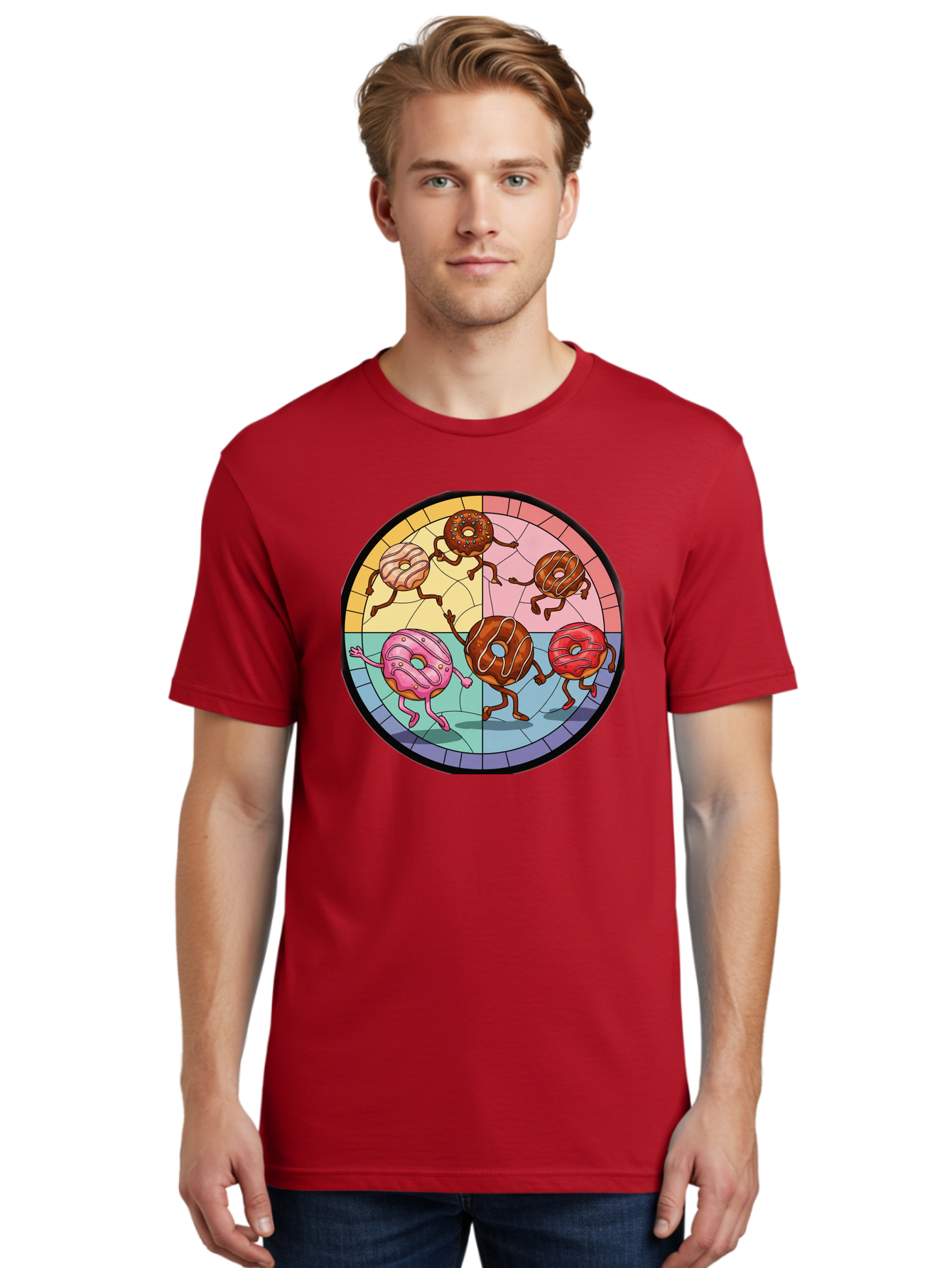Donuts-Dancing-1 Men'S Graphic Tee, 100% Cotton, Comfortable Casual Summer Wear, Machine Washable, Donuts Dancing, Cartoon Donuts, Sweet Treats, Colorful Illustration, Playful Art, Pastry Characters, Whimsical Design, Tasty Delights, Baa522