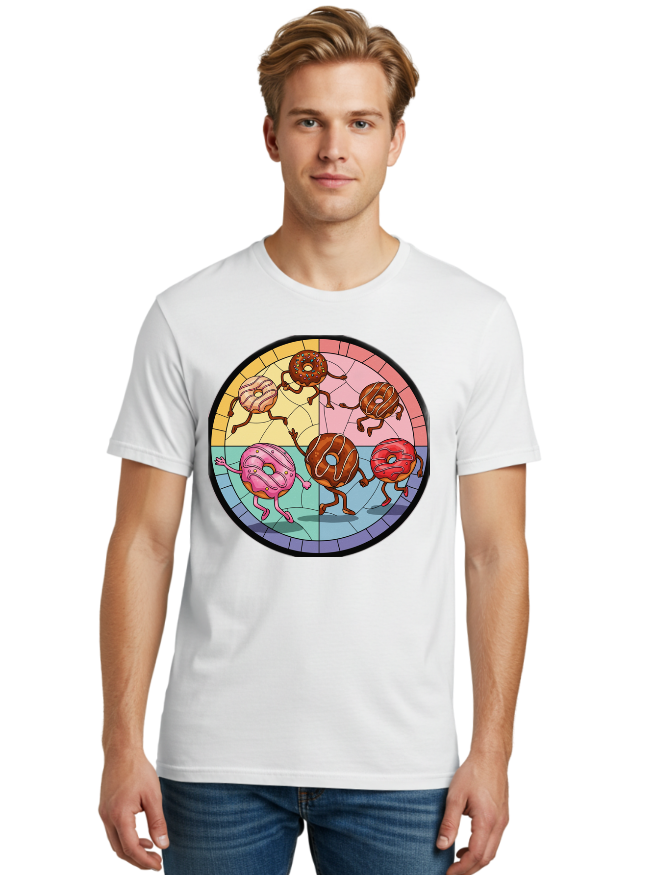 Donuts-Dancing-1 Men'S Graphic Tee, 100% Cotton, Comfortable Casual Summer Wear, Machine Washable, Donuts Dancing, Cartoon Donuts, Sweet Treats, Colorful Illustration, Playful Art, Pastry Characters, Whimsical Design, Tasty Delights, Baa522