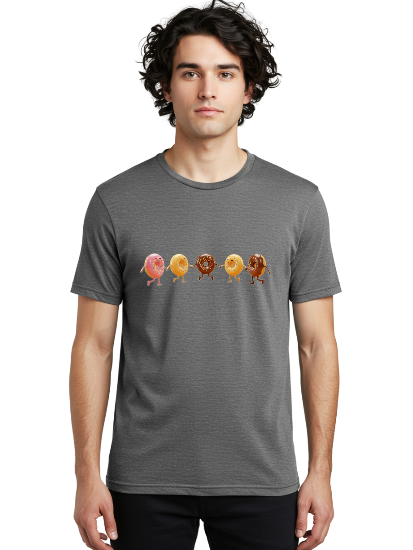 Donuts-Dancing-2 Men'S Graphic Tee, 100% Cotton, Comfortable Casual Summer Wear, Machine Washable, Donuts Dancing, Happy Donuts, Glazed Donut, Chocolate Donut, Sprinkles, Sugar Coating, Playful Treats, Sweet Indulgence, Cartoon Donuts, Baa523
