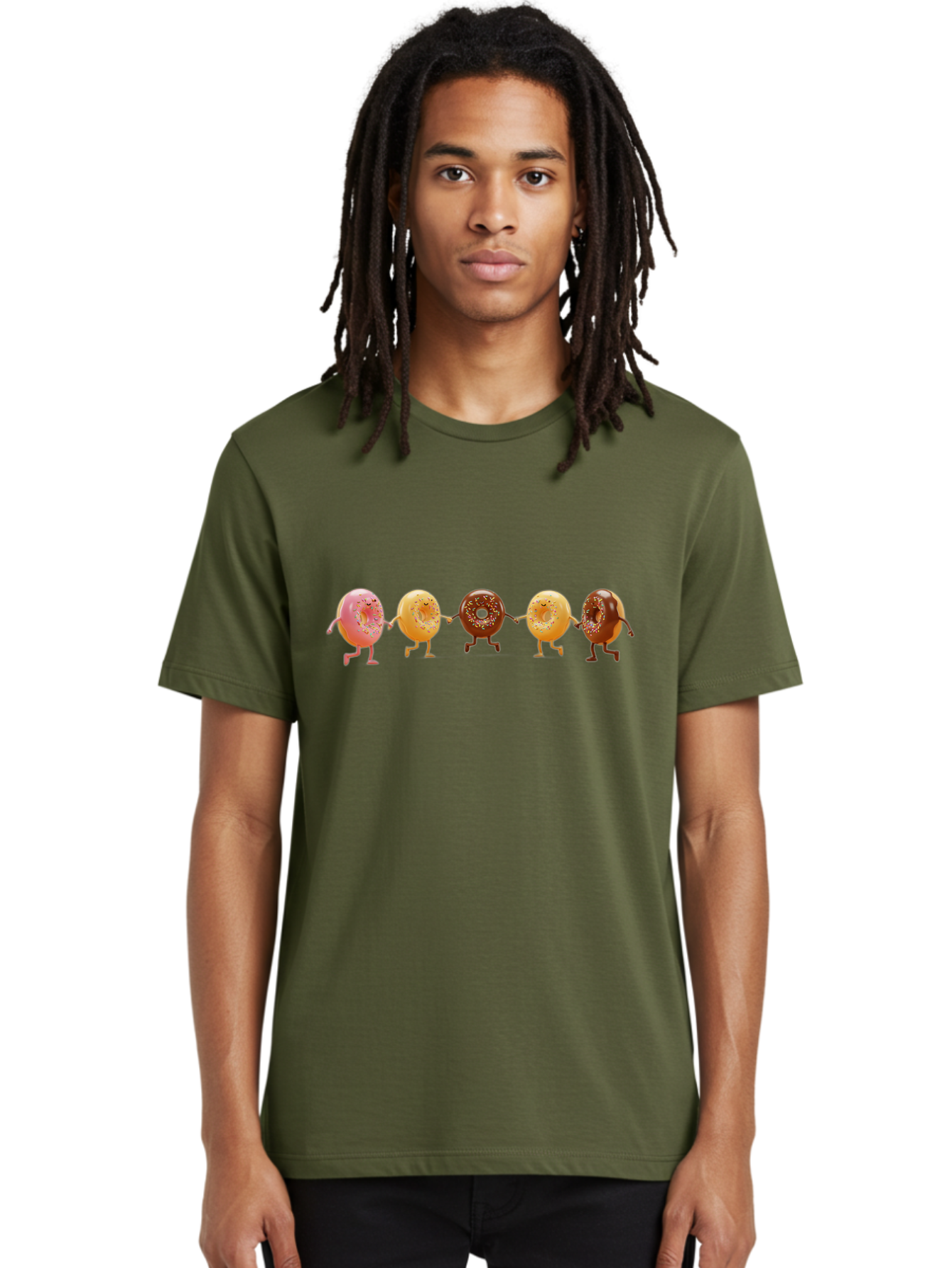 Donuts-Dancing-2 Men'S Graphic Tee, 100% Cotton, Comfortable Casual Summer Wear, Machine Washable, Donuts Dancing, Happy Donuts, Glazed Donut, Chocolate Donut, Sprinkles, Sugar Coating, Playful Treats, Sweet Indulgence, Cartoon Donuts, Baa523