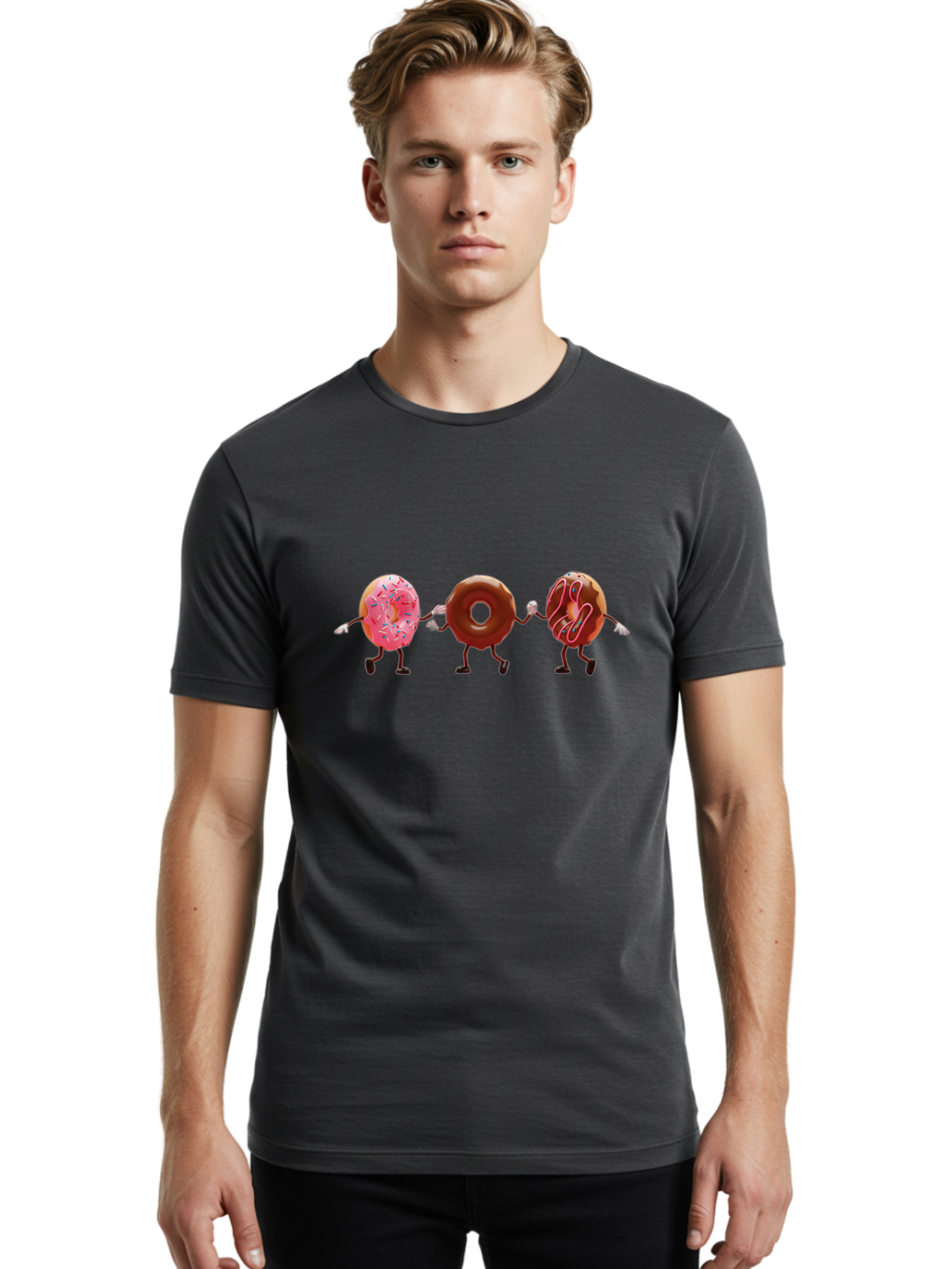 Donuts-Dancing Men'S Graphic Tee, 100% Cotton, Comfortable Casual Summer Wear, Machine Washable, Donuts Dancing, Sweet Treats, Chocolate Frosting, Pink Sprinkles, Donut Friends, Cartoon Donuts, Tasty Desserts, Bakery Delights, Donut Gang, Baa524