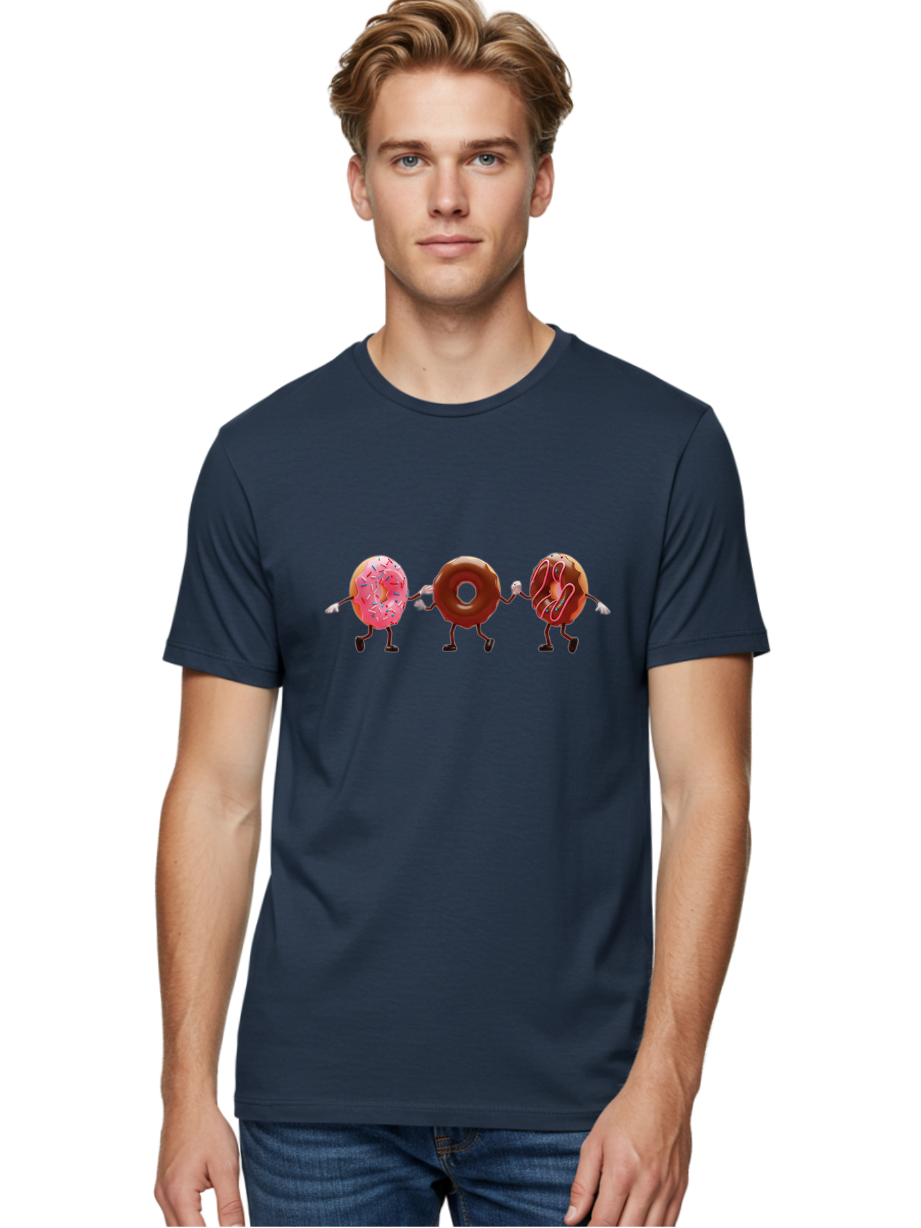 Donuts-Dancing Men'S Graphic Tee, 100% Cotton, Comfortable Casual Summer Wear, Machine Washable, Donuts Dancing, Sweet Treats, Chocolate Frosting, Pink Sprinkles, Donut Friends, Cartoon Donuts, Tasty Desserts, Bakery Delights, Donut Gang, Baa524