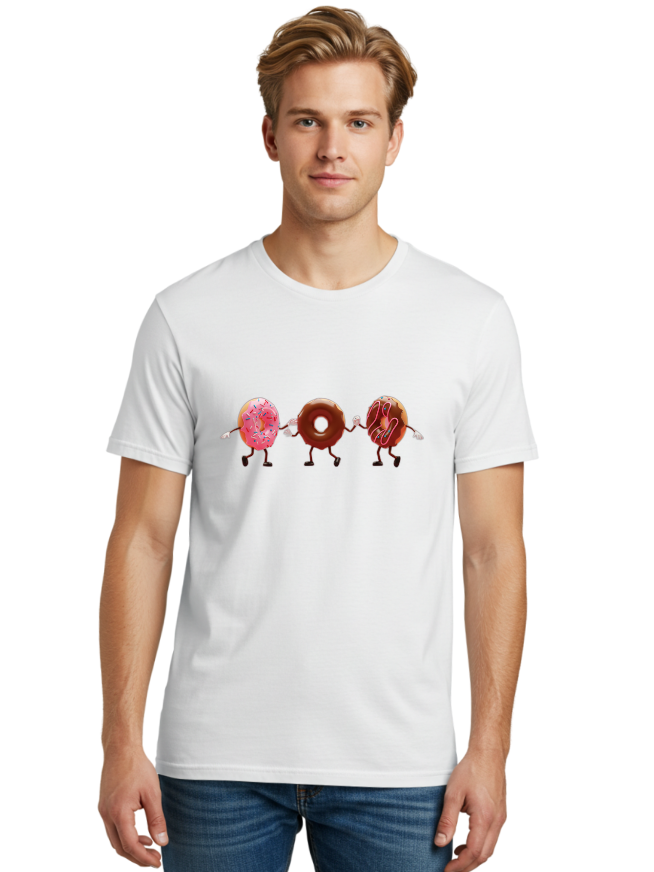Donuts-Dancing Men'S Graphic Tee, 100% Cotton, Comfortable Casual Summer Wear, Machine Washable, Donuts Dancing, Sweet Treats, Chocolate Frosting, Pink Sprinkles, Donut Friends, Cartoon Donuts, Tasty Desserts, Bakery Delights, Donut Gang, Baa524