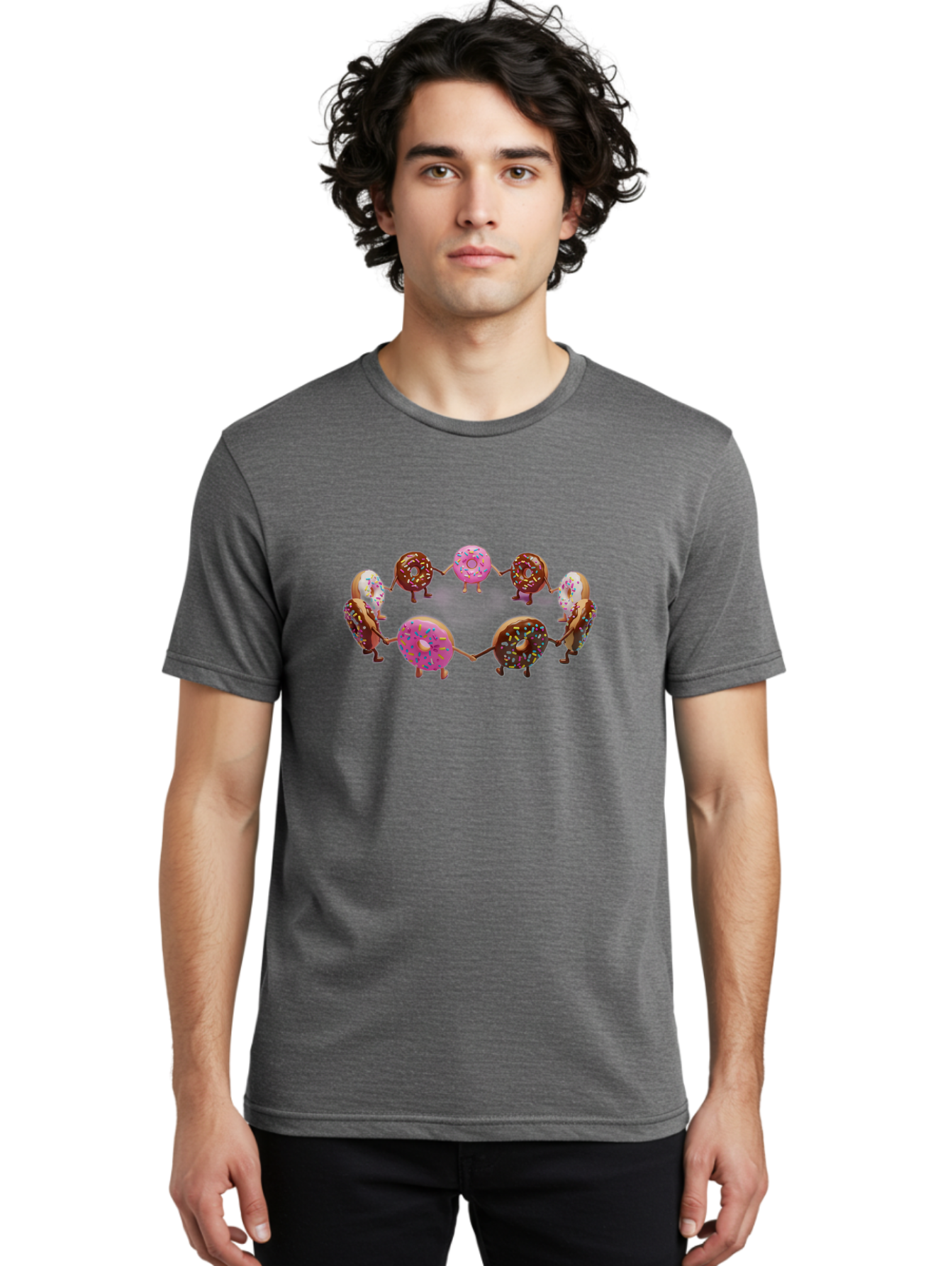 Donuts-In-Circle Men'S Graphic Tee, 100% Cotton, Comfortable Casual Summer Wear, Machine Washable, Donuts With Faces, Holding Hands, Colorful Sprinkles, Sweet Treats, Circle Formation, Whimsical Design, Playful Illustration, Cartoon Donuts, Baa526