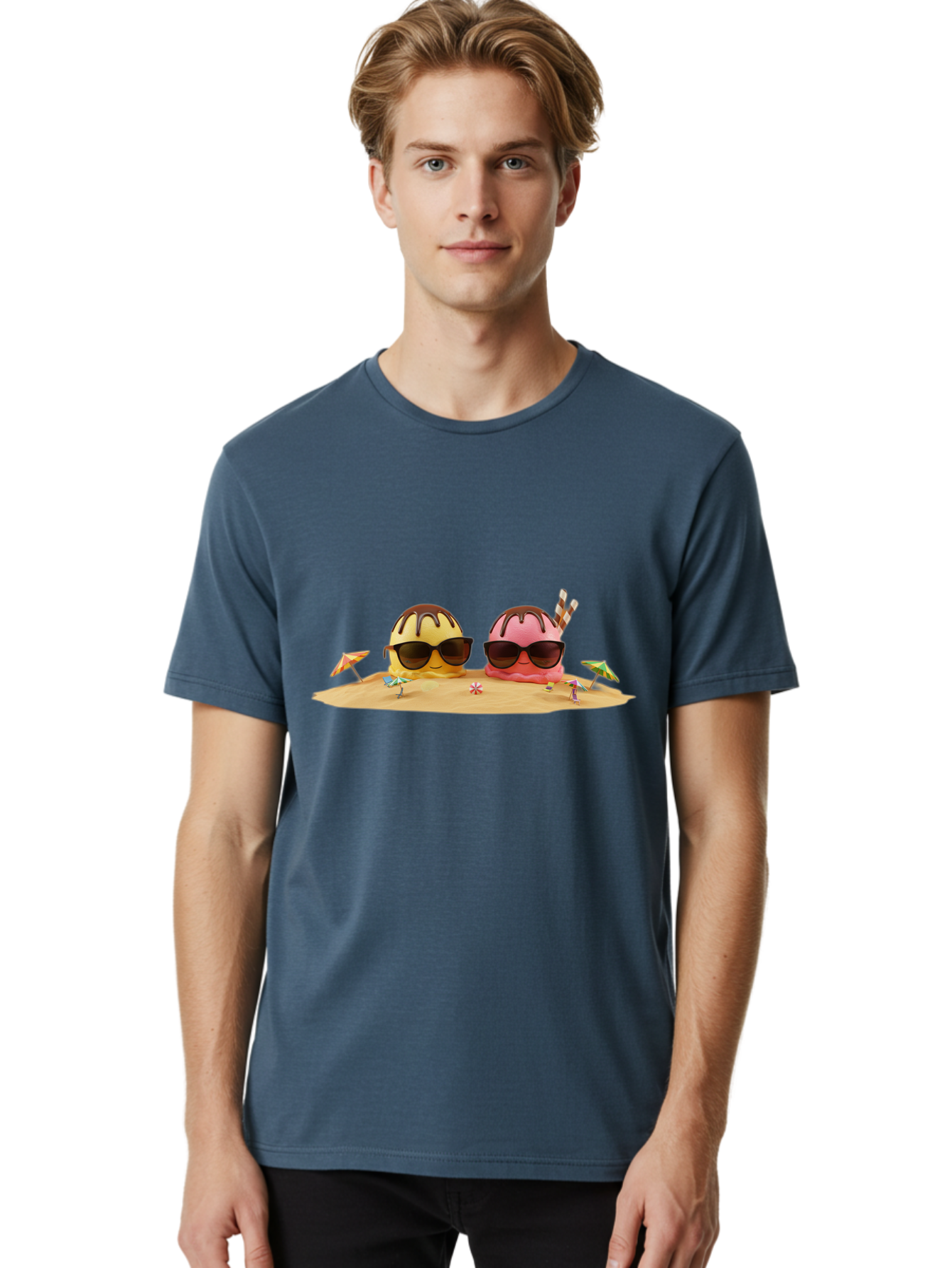 Donuts-On-Island Men'S Graphic Tee, 100% Cotton, Comfortable Casual Summer Wear, Machine Washable, Cupcakes On Island, Sunglasses, Beach Umbrellas, Summer Fun, Cartoon Style, Sweet Treats, Tropical Getaway, Vacation Vibes, Dessert Lovers, Baa527