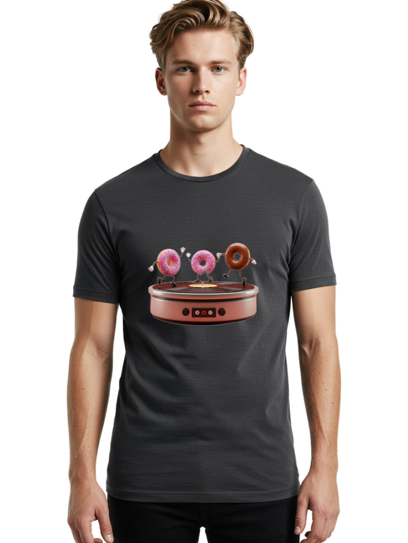 Donuts-On-Record-Player Men'S Graphic Tee, 100% Cotton, Comfortable Casual Summer Wear, Machine Washable, Donuts Dancing, Vinyl Record Player, Retro Music Setup, Sweet Treats, Funky Vibe, Playful Scene, Dessert Party, Cartoon Donuts, Baa528