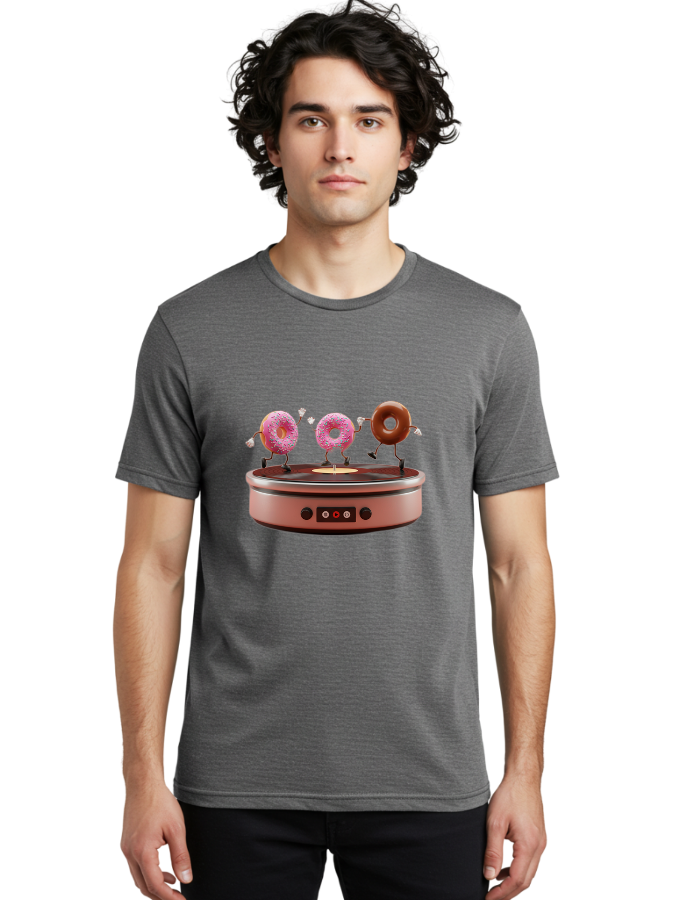 Donuts-On-Record-Player Men'S Graphic Tee, 100% Cotton, Comfortable Casual Summer Wear, Machine Washable, Donuts Dancing, Vinyl Record Player, Retro Music Setup, Sweet Treats, Funky Vibe, Playful Scene, Dessert Party, Cartoon Donuts, Baa528
