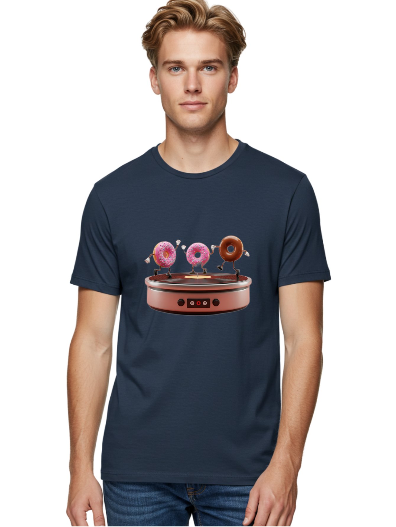 Donuts-On-Record-Player Men'S Graphic Tee, 100% Cotton, Comfortable Casual Summer Wear, Machine Washable, Donuts Dancing, Vinyl Record Player, Retro Music Setup, Sweet Treats, Funky Vibe, Playful Scene, Dessert Party, Cartoon Donuts, Baa528