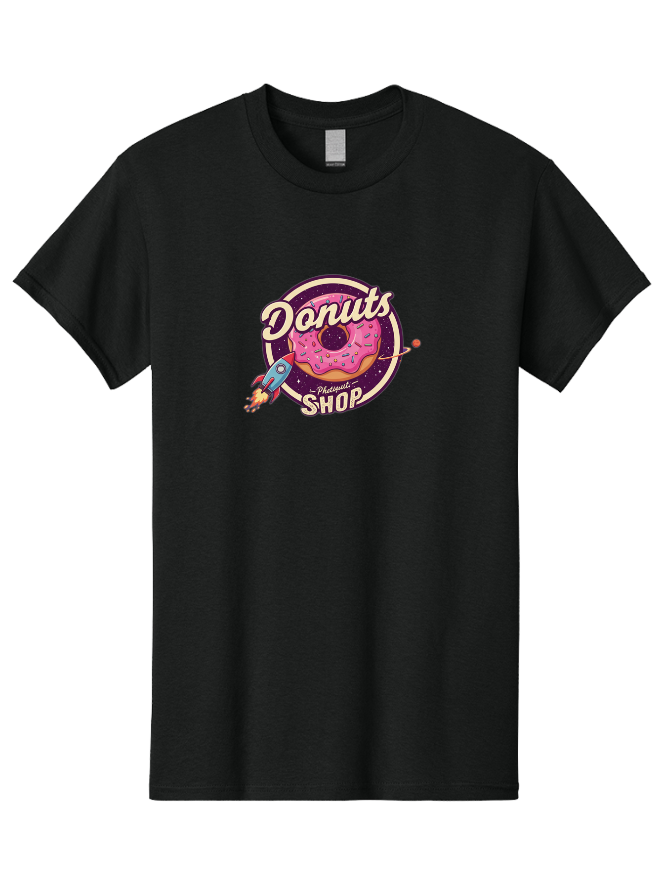 Donuts-Shop-1 Men'S Graphic Tee, 100% Cotton, Comfortable Casual Summer Wear, Machine Washable, Pink Donut With Sprinkles, Donut Shop Logo, Space-Themed Donut, Rocket Ship Launching, Donut In Space, Colorful Dessert, Sweet Treats, Baa529