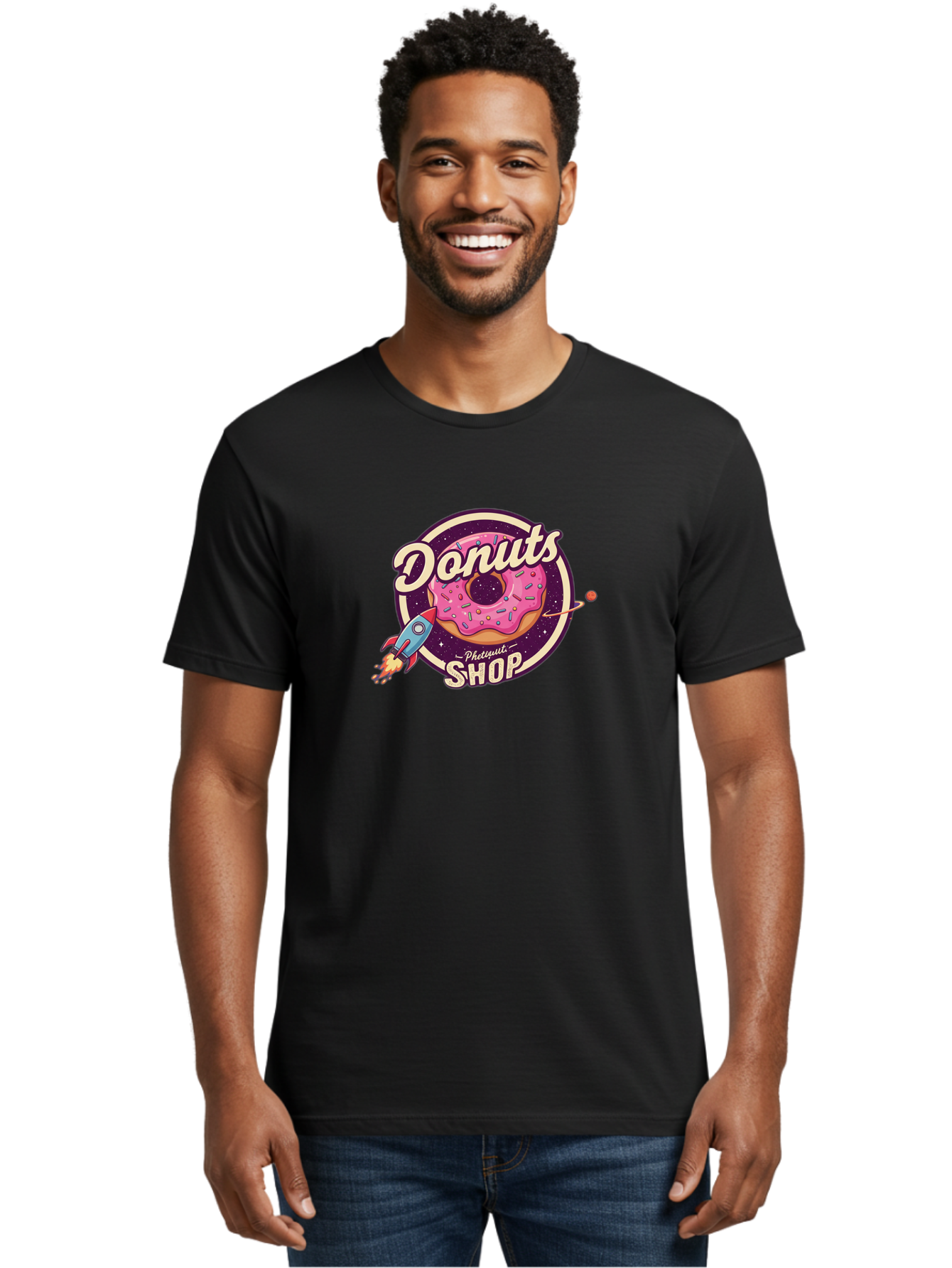 Donuts-Shop-1 Men'S Graphic Tee, 100% Cotton, Comfortable Casual Summer Wear, Machine Washable, Pink Donut With Sprinkles, Donut Shop Logo, Space-Themed Donut, Rocket Ship Launching, Donut In Space, Colorful Dessert, Sweet Treats, Baa529