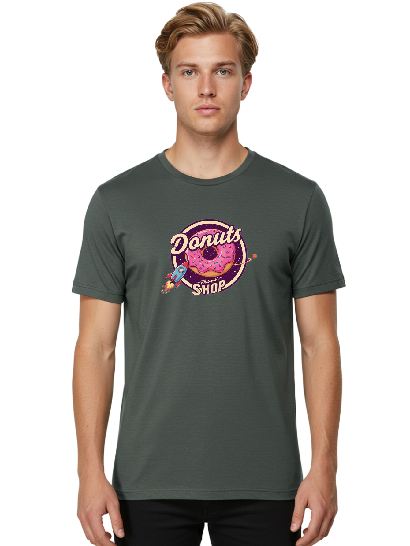 Donuts-Shop-1 Men'S Graphic Tee, 100% Cotton, Comfortable Casual Summer Wear, Machine Washable, Pink Donut With Sprinkles, Donut Shop Logo, Space-Themed Donut, Rocket Ship Launching, Donut In Space, Colorful Dessert, Sweet Treats, Baa529