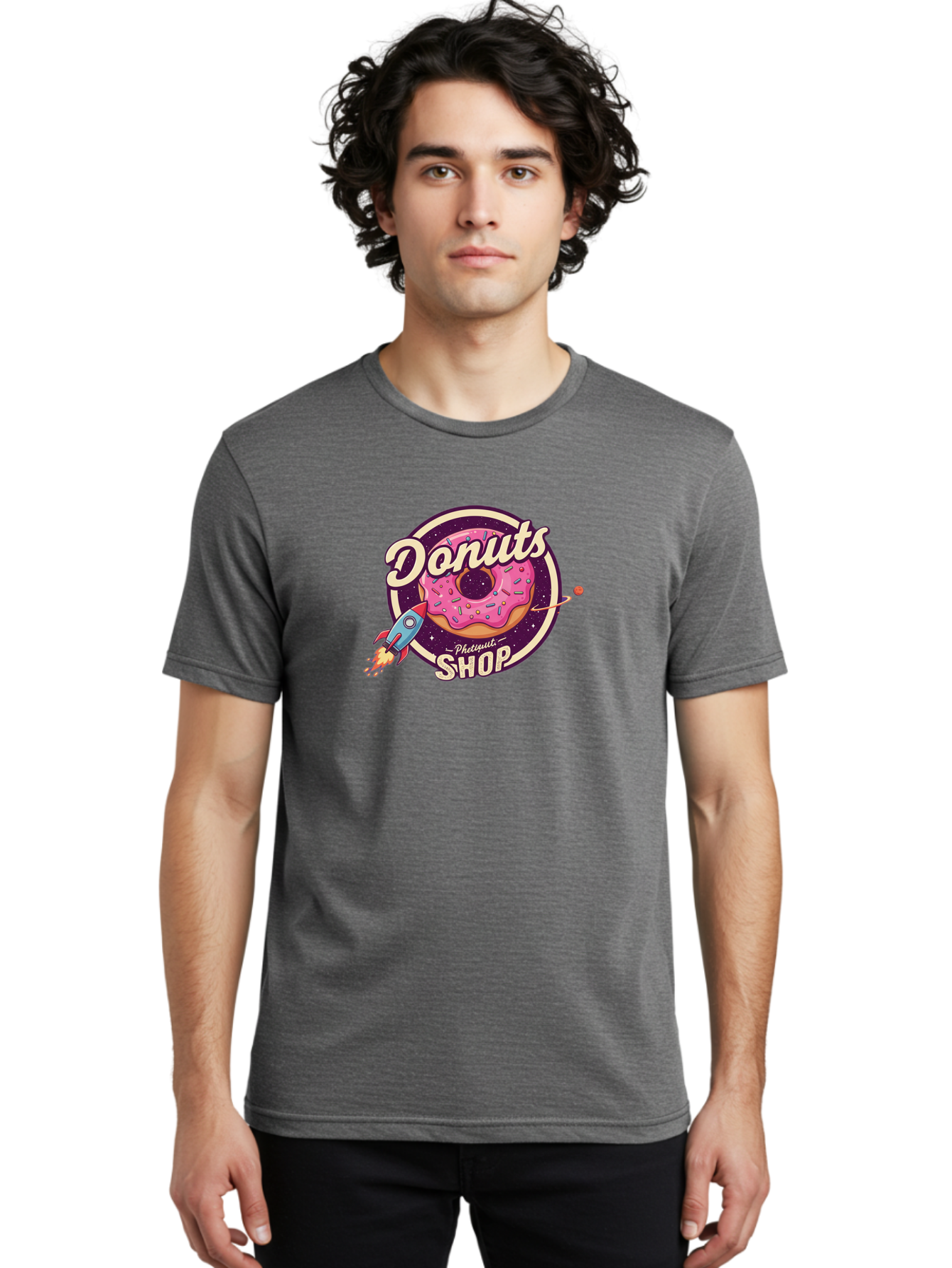 Donuts-Shop-1 Men'S Graphic Tee, 100% Cotton, Comfortable Casual Summer Wear, Machine Washable, Pink Donut With Sprinkles, Donut Shop Logo, Space-Themed Donut, Rocket Ship Launching, Donut In Space, Colorful Dessert, Sweet Treats, Baa529