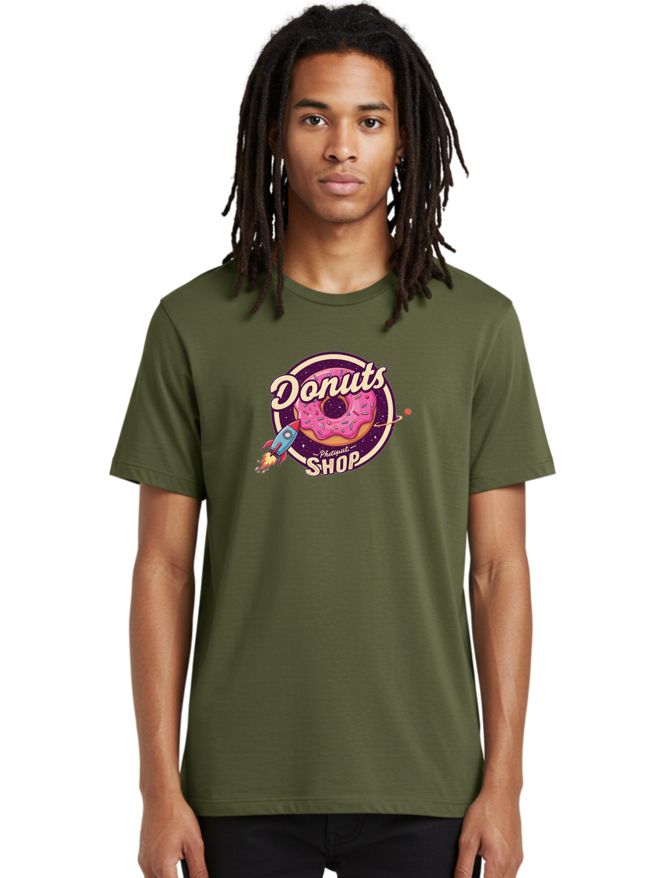 Donuts-Shop-1 Men'S Graphic Tee, 100% Cotton, Comfortable Casual Summer Wear, Machine Washable, Pink Donut With Sprinkles, Donut Shop Logo, Space-Themed Donut, Rocket Ship Launching, Donut In Space, Colorful Dessert, Sweet Treats, Baa529