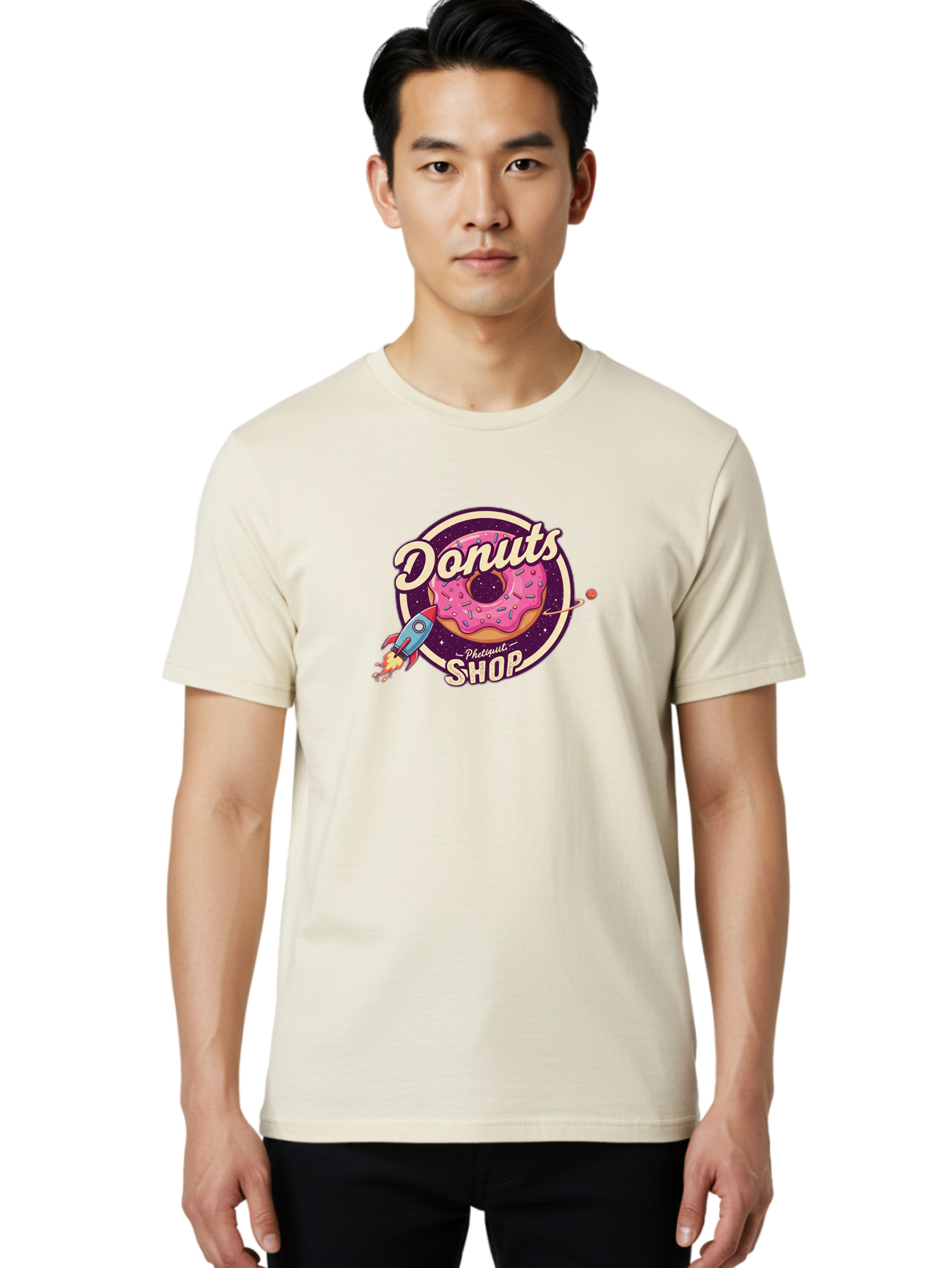 Donuts-Shop-1 Men'S Graphic Tee, 100% Cotton, Comfortable Casual Summer Wear, Machine Washable, Pink Donut With Sprinkles, Donut Shop Logo, Space-Themed Donut, Rocket Ship Launching, Donut In Space, Colorful Dessert, Sweet Treats, Baa529