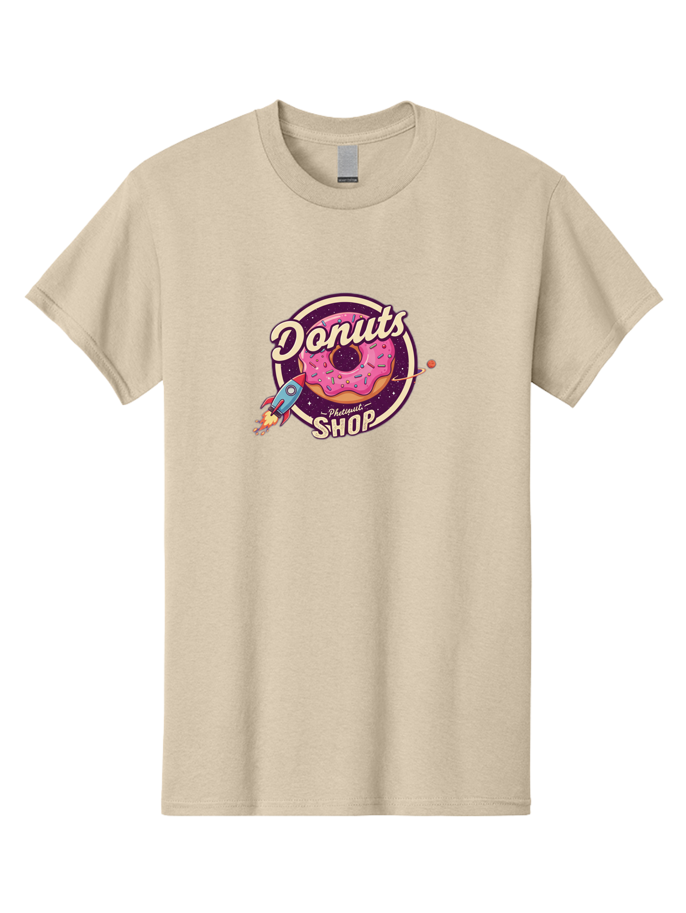 Donuts-Shop-1 Men'S Graphic Tee, 100% Cotton, Comfortable Casual Summer Wear, Machine Washable, Pink Donut With Sprinkles, Donut Shop Logo, Space-Themed Donut, Rocket Ship Launching, Donut In Space, Colorful Dessert, Sweet Treats, Baa529