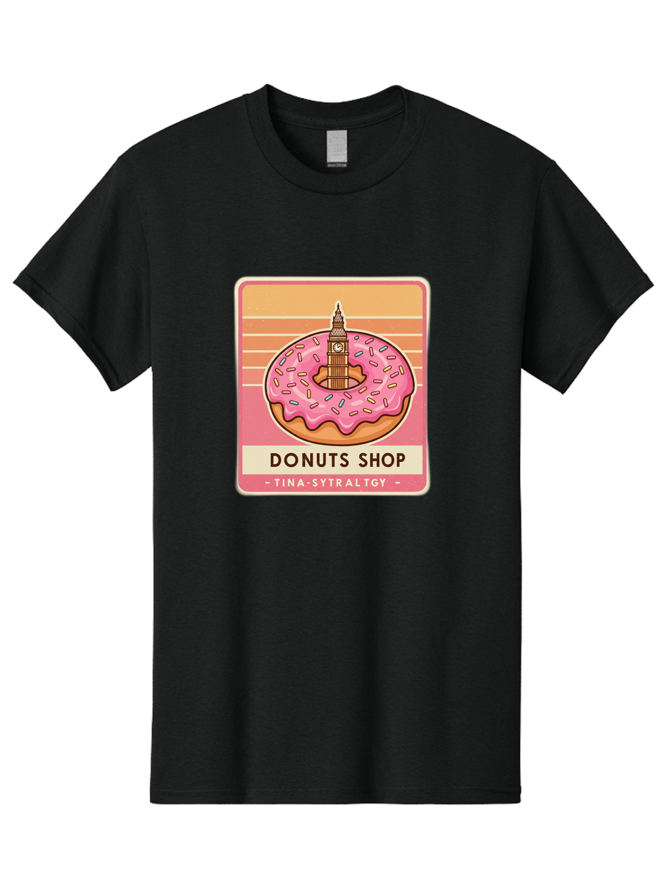 Donuts-Shop Men'S Graphic Tee, 100% Cotton, Comfortable Casual Summer Wear, Machine Washable, Pink Frosted Donut, Colorful Sprinkles, Big Ben On Donut, London Landmark, Sweet Treats, Donut Shop Sign, Tina-Sytraltgy Branding, Tasty Dessert, Baa530