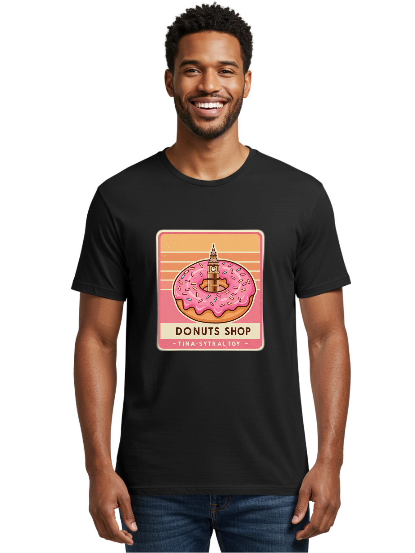 Donuts-Shop Men'S Graphic Tee, 100% Cotton, Comfortable Casual Summer Wear, Machine Washable, Pink Frosted Donut, Colorful Sprinkles, Big Ben On Donut, London Landmark, Sweet Treats, Donut Shop Sign, Tina-Sytraltgy Branding, Tasty Dessert, Baa530