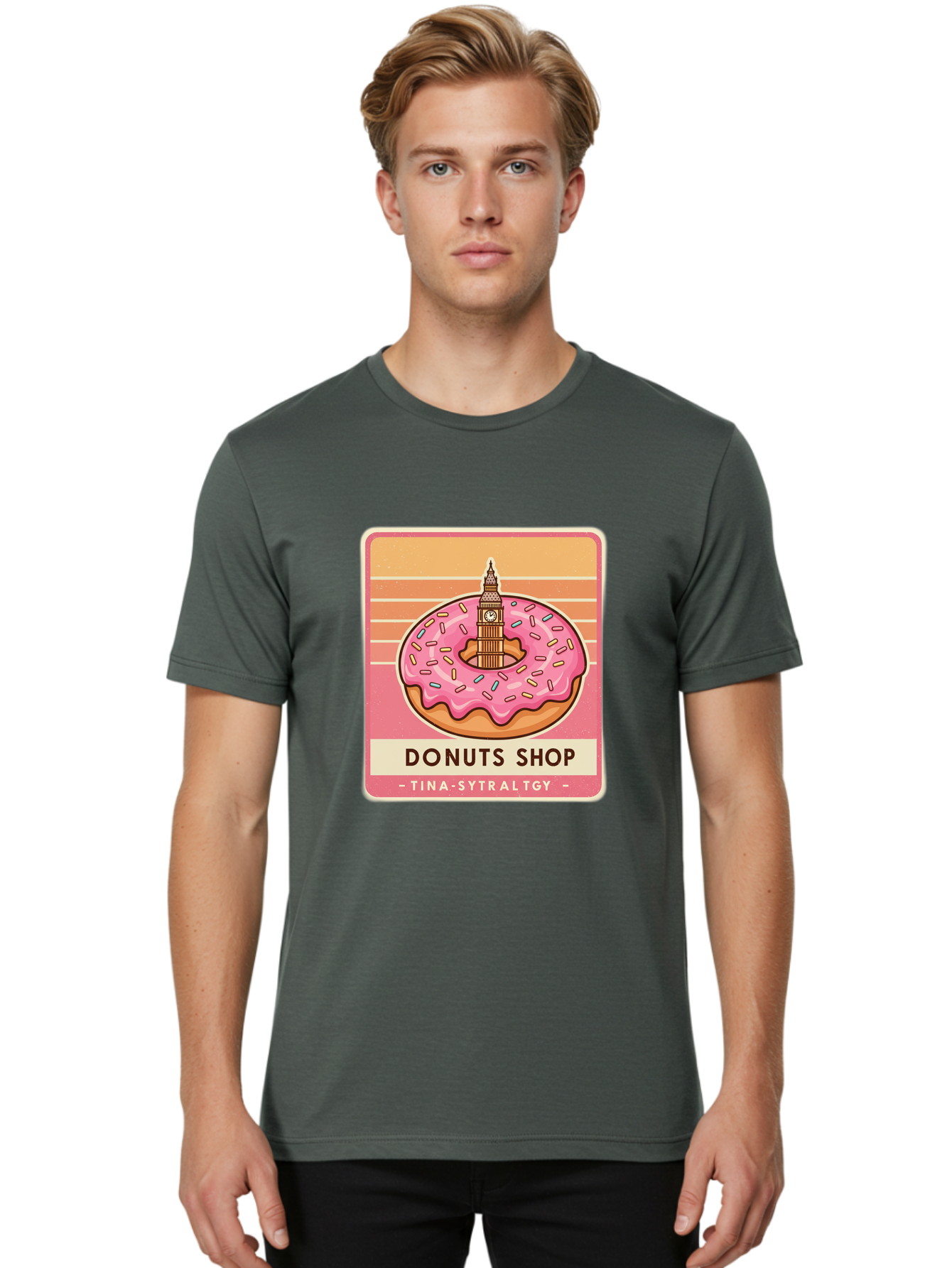 Donuts-Shop Men'S Graphic Tee, 100% Cotton, Comfortable Casual Summer Wear, Machine Washable, Pink Frosted Donut, Colorful Sprinkles, Big Ben On Donut, London Landmark, Sweet Treats, Donut Shop Sign, Tina-Sytraltgy Branding, Tasty Dessert, Baa530