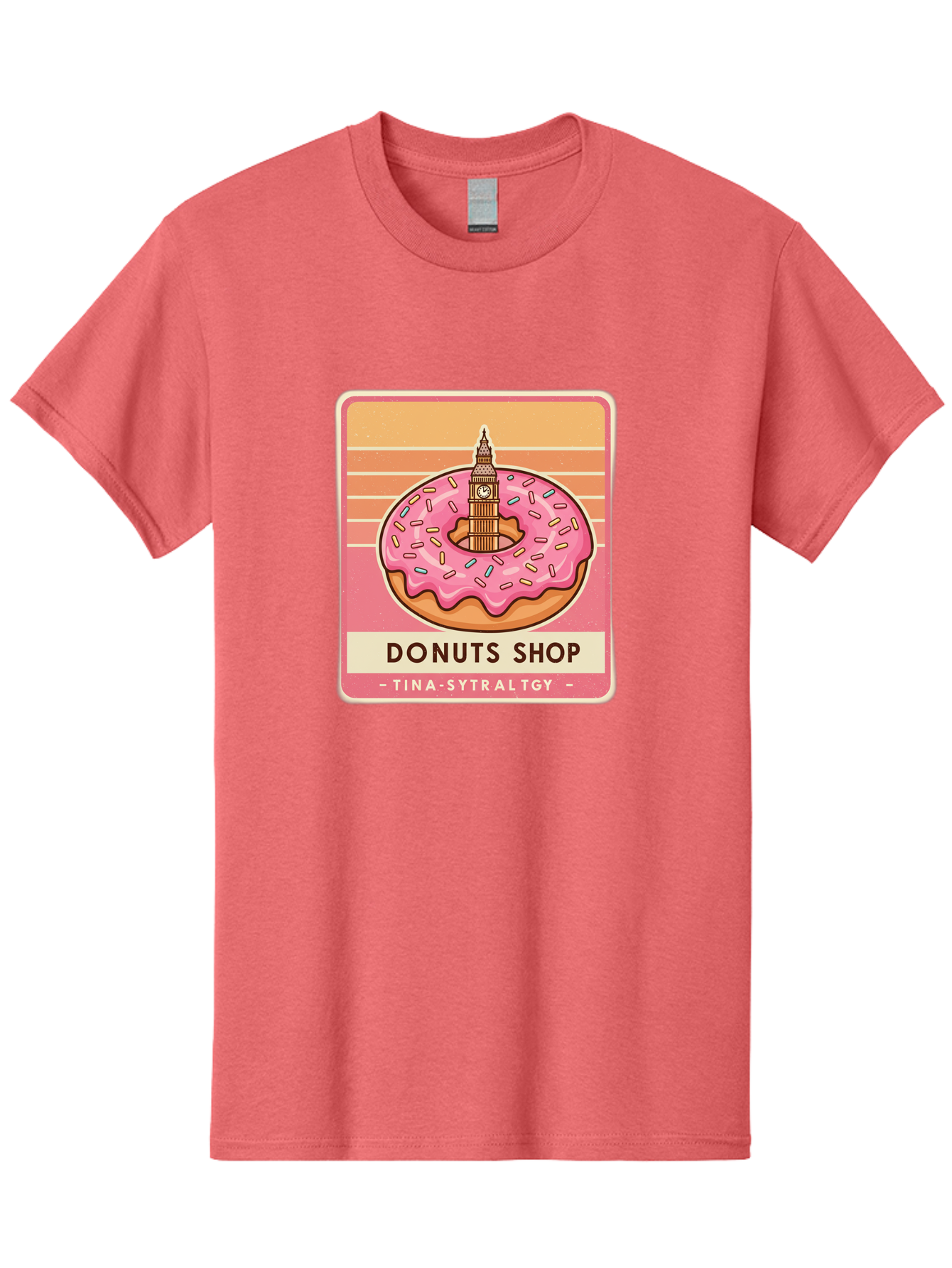 Donuts-Shop Men'S Graphic Tee, 100% Cotton, Comfortable Casual Summer Wear, Machine Washable, Pink Frosted Donut, Colorful Sprinkles, Big Ben On Donut, London Landmark, Sweet Treats, Donut Shop Sign, Tina-Sytraltgy Branding, Tasty Dessert, Baa530