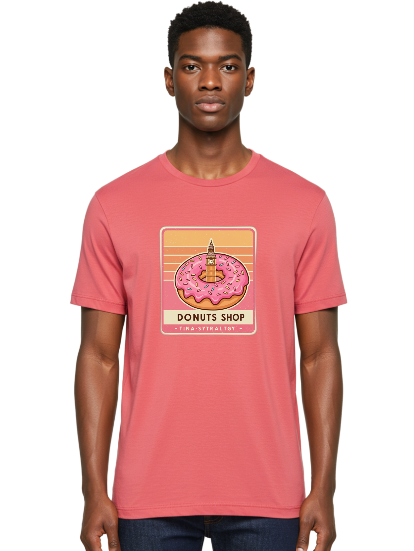 Donuts-Shop Men'S Graphic Tee, 100% Cotton, Comfortable Casual Summer Wear, Machine Washable, Pink Frosted Donut, Colorful Sprinkles, Big Ben On Donut, London Landmark, Sweet Treats, Donut Shop Sign, Tina-Sytraltgy Branding, Tasty Dessert, Baa530