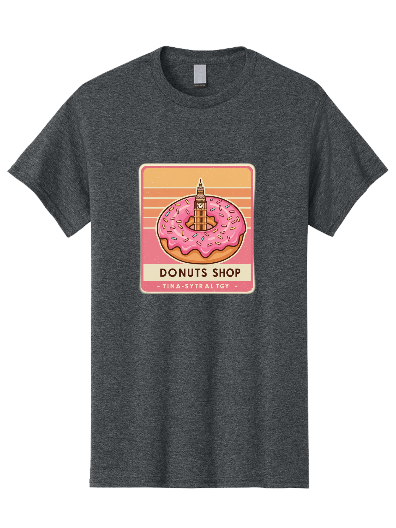 Donuts-Shop Men'S Graphic Tee, 100% Cotton, Comfortable Casual Summer Wear, Machine Washable, Pink Frosted Donut, Colorful Sprinkles, Big Ben On Donut, London Landmark, Sweet Treats, Donut Shop Sign, Tina-Sytraltgy Branding, Tasty Dessert, Baa530