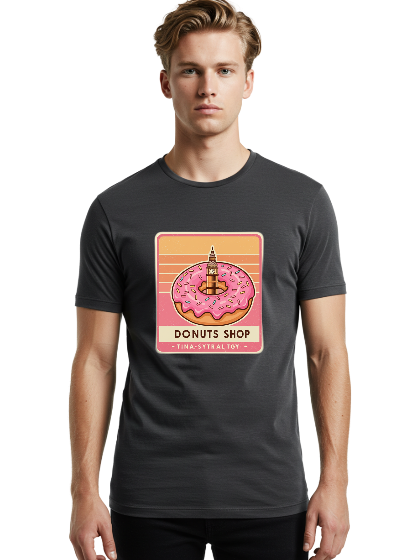 Donuts-Shop Men'S Graphic Tee, 100% Cotton, Comfortable Casual Summer Wear, Machine Washable, Pink Frosted Donut, Colorful Sprinkles, Big Ben On Donut, London Landmark, Sweet Treats, Donut Shop Sign, Tina-Sytraltgy Branding, Tasty Dessert, Baa530