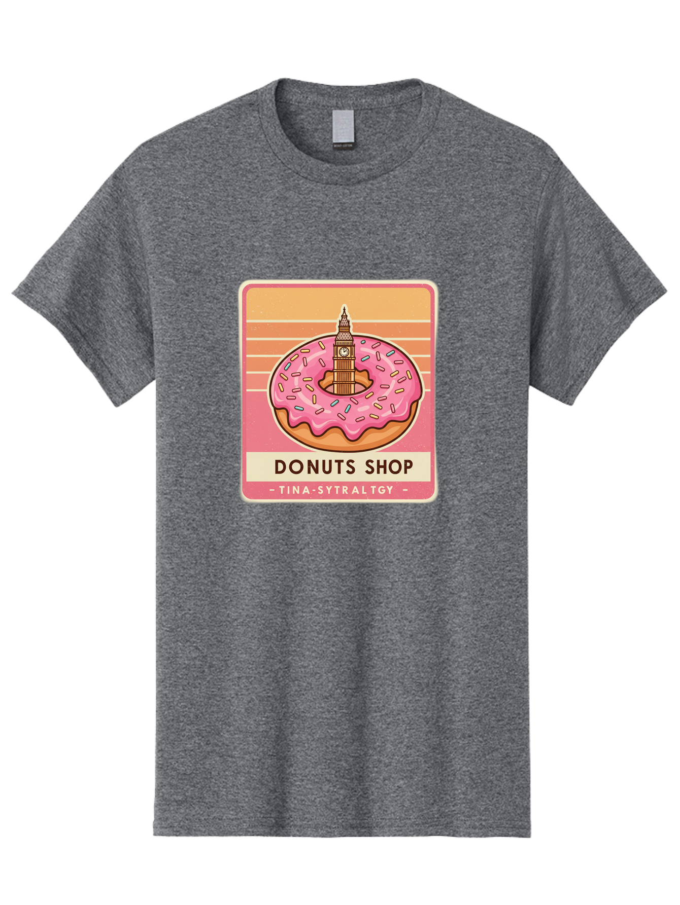Donuts-Shop Men'S Graphic Tee, 100% Cotton, Comfortable Casual Summer Wear, Machine Washable, Pink Frosted Donut, Colorful Sprinkles, Big Ben On Donut, London Landmark, Sweet Treats, Donut Shop Sign, Tina-Sytraltgy Branding, Tasty Dessert, Baa530