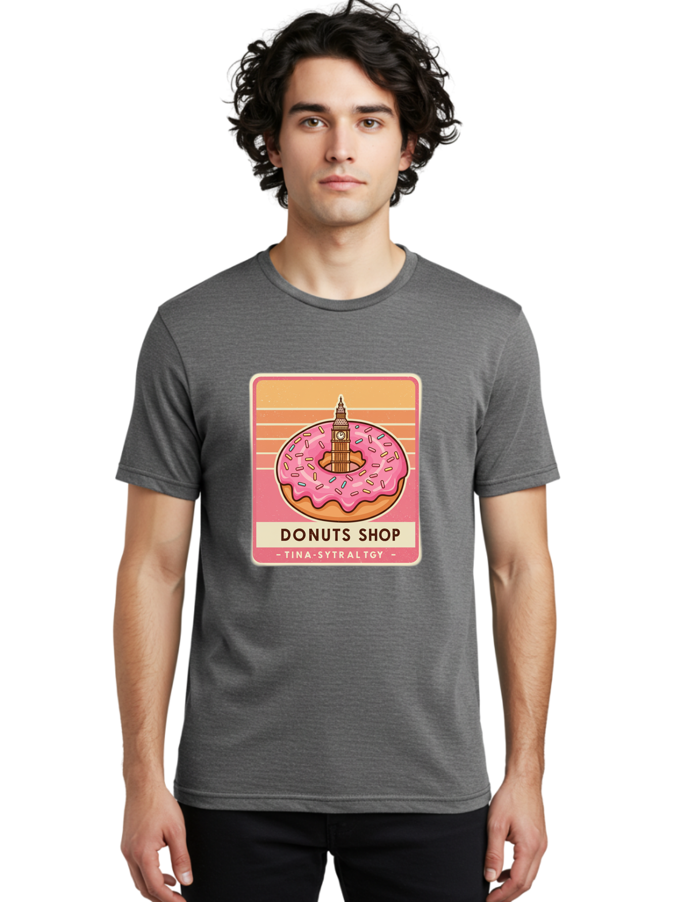 Donuts-Shop Men'S Graphic Tee, 100% Cotton, Comfortable Casual Summer Wear, Machine Washable, Pink Frosted Donut, Colorful Sprinkles, Big Ben On Donut, London Landmark, Sweet Treats, Donut Shop Sign, Tina-Sytraltgy Branding, Tasty Dessert, Baa530