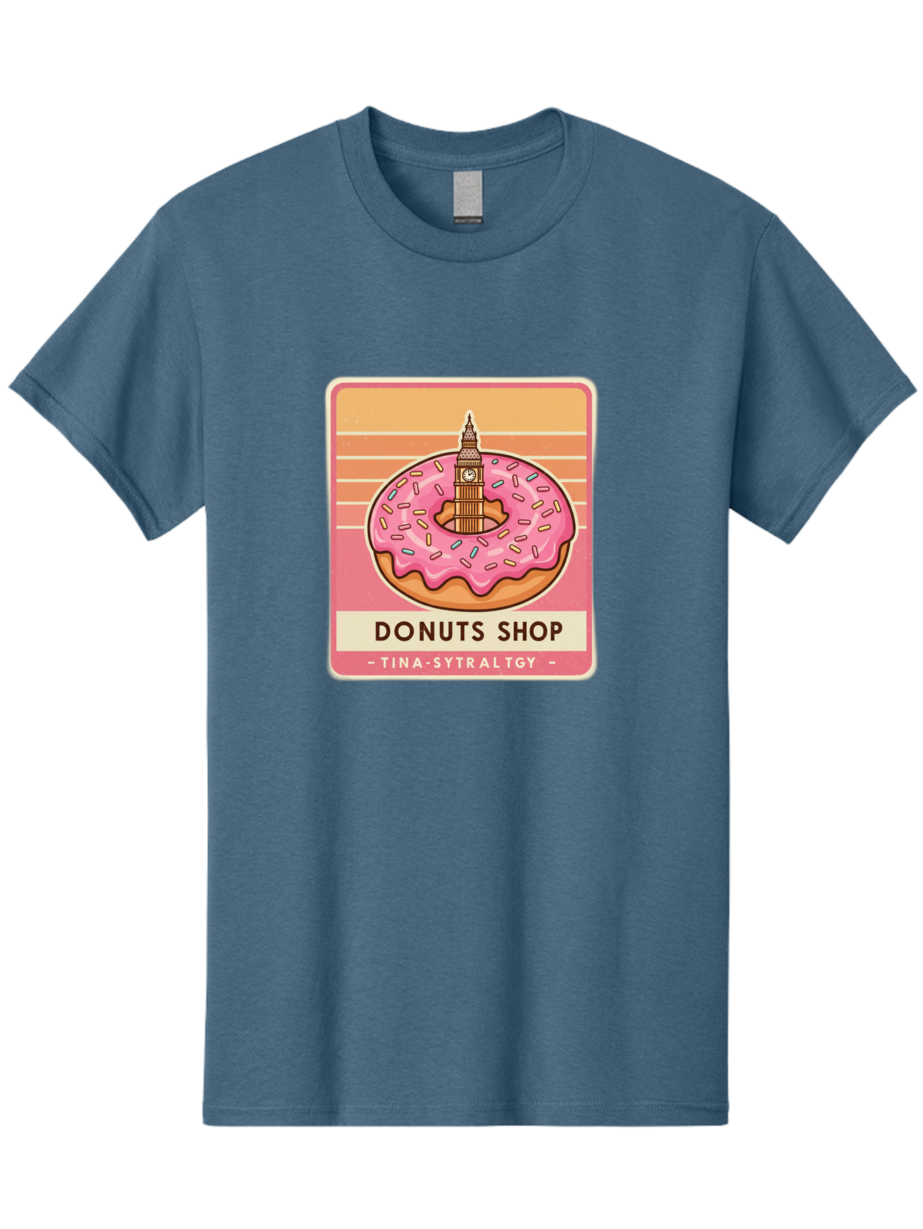 Donuts-Shop Men'S Graphic Tee, 100% Cotton, Comfortable Casual Summer Wear, Machine Washable, Pink Frosted Donut, Colorful Sprinkles, Big Ben On Donut, London Landmark, Sweet Treats, Donut Shop Sign, Tina-Sytraltgy Branding, Tasty Dessert, Baa530