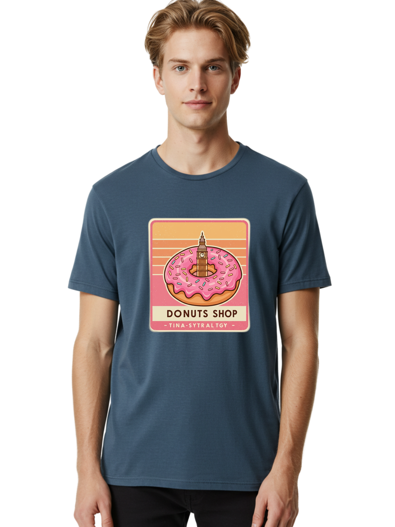 Donuts-Shop Men'S Graphic Tee, 100% Cotton, Comfortable Casual Summer Wear, Machine Washable, Pink Frosted Donut, Colorful Sprinkles, Big Ben On Donut, London Landmark, Sweet Treats, Donut Shop Sign, Tina-Sytraltgy Branding, Tasty Dessert, Baa530