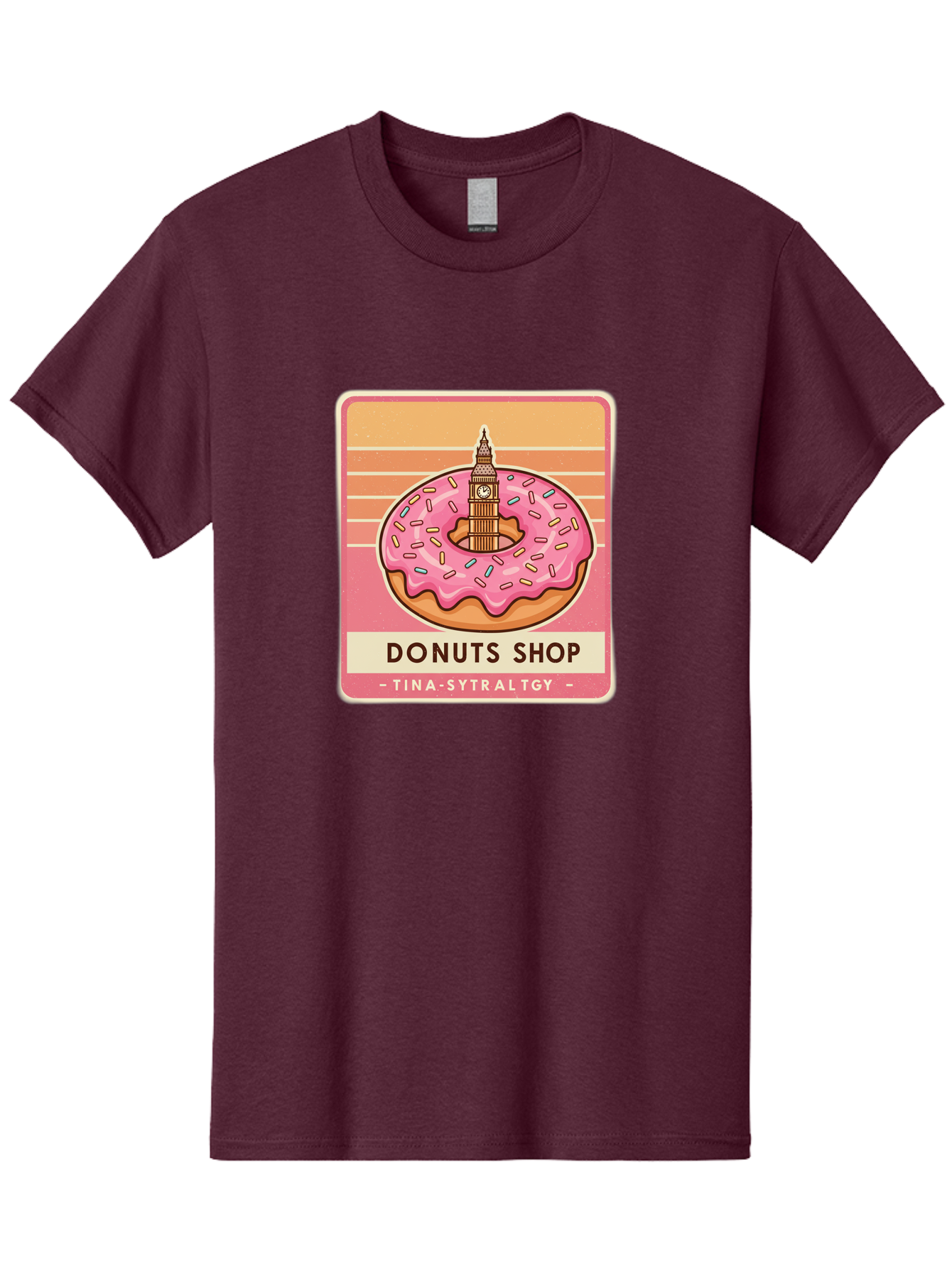 Donuts-Shop Men'S Graphic Tee, 100% Cotton, Comfortable Casual Summer Wear, Machine Washable, Pink Frosted Donut, Colorful Sprinkles, Big Ben On Donut, London Landmark, Sweet Treats, Donut Shop Sign, Tina-Sytraltgy Branding, Tasty Dessert, Baa530